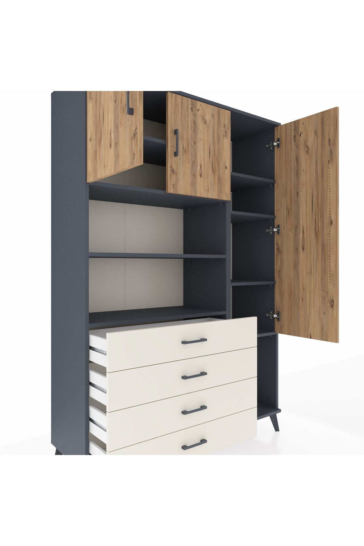 Hyperion Dolap 8 Raflı 4 Çekmeceli 3 Kapaklı 132x44x195 Antrasit-Çam/Aytaşı