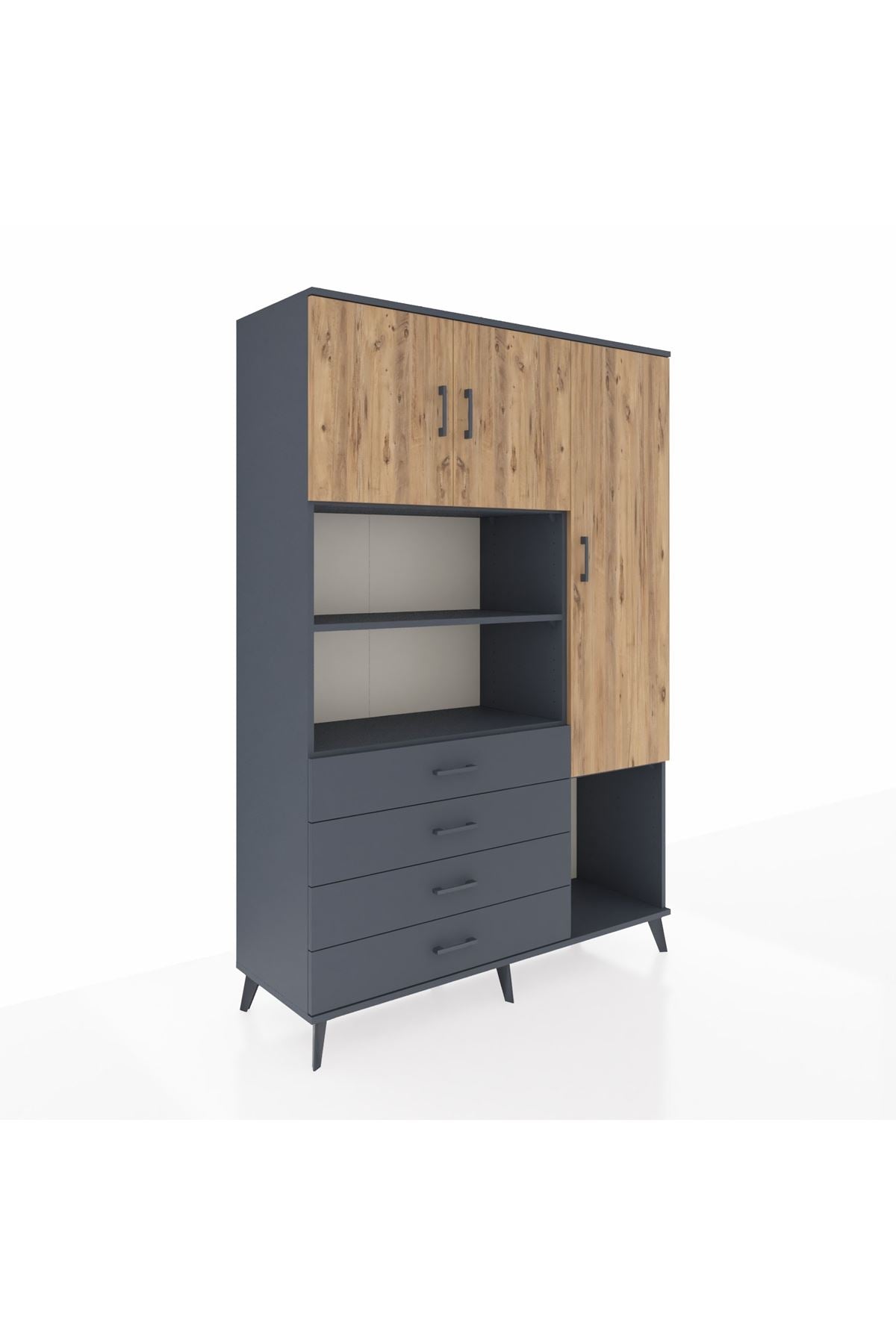 Hyperion Dolap 8 Raflı 4 Çekmeceli 3 Kapaklı 132x44x195 Antrasit-Çam/Antrasit