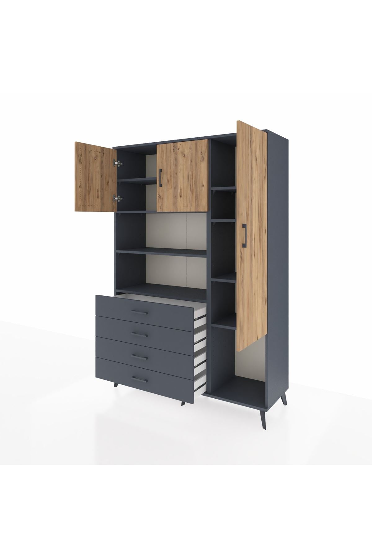 Hyperion Dolap 8 Raflı 4 Çekmeceli 3 Kapaklı 132x44x195 Antrasit-Çam/Antrasit