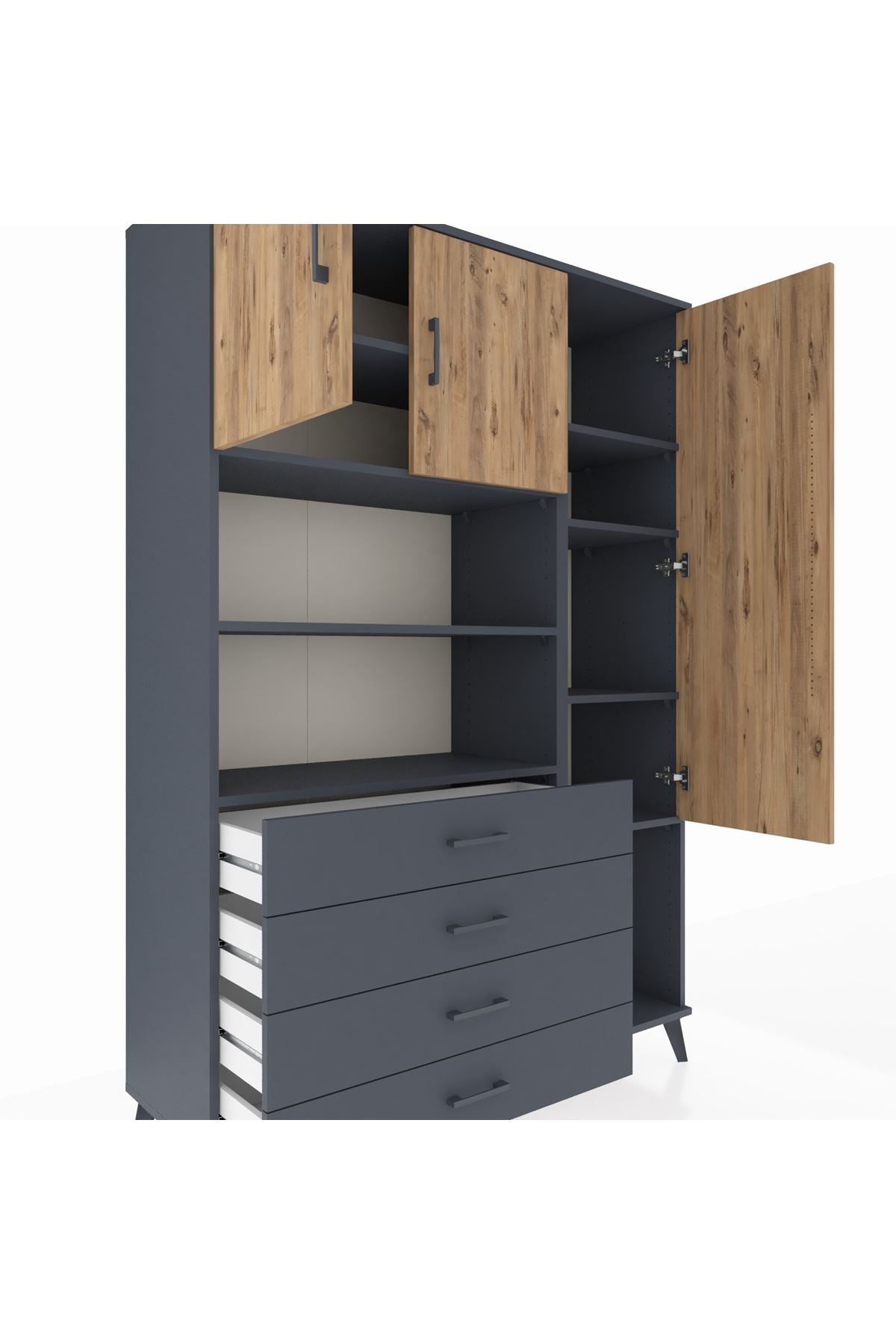 Hyperion Dolap 8 Raflı 4 Çekmeceli 3 Kapaklı 132x44x195 Antrasit-Çam/Antrasit
