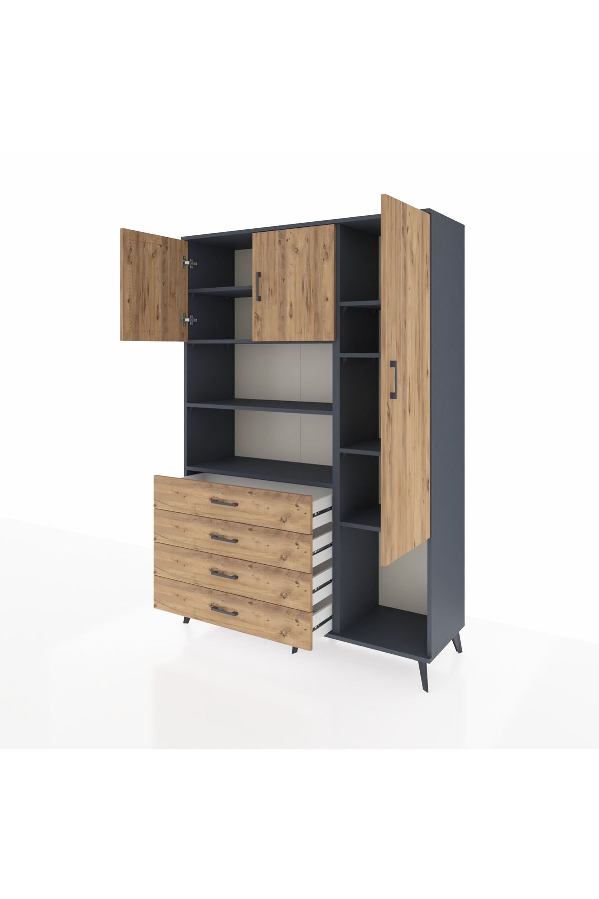 Hyperion Dolap 8 Raflı 4 Çekmeceli 3 Kapaklı 132x44x195 Antrasit-Çam/Çam