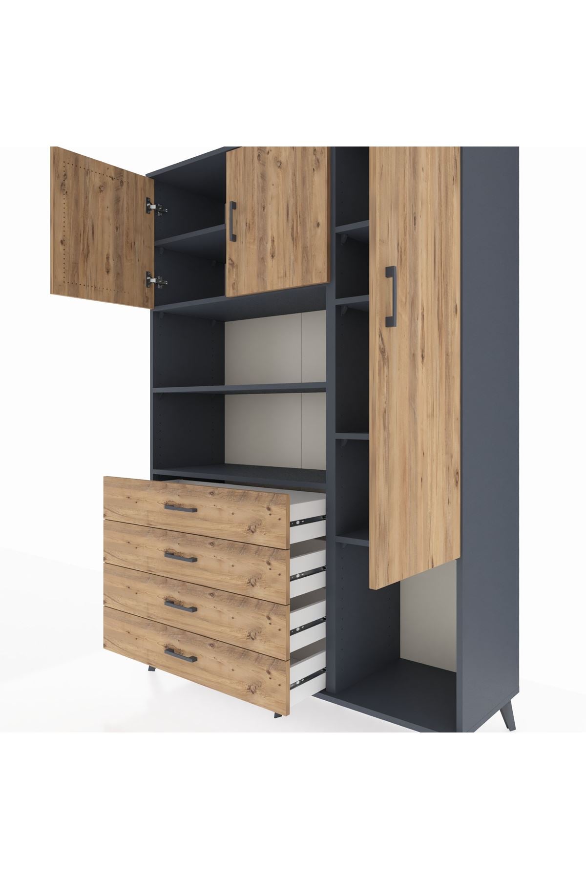 Hyperion Dolap 8 Raflı 4 Çekmeceli 3 Kapaklı 132x44x195 Antrasit-Çam/Çam