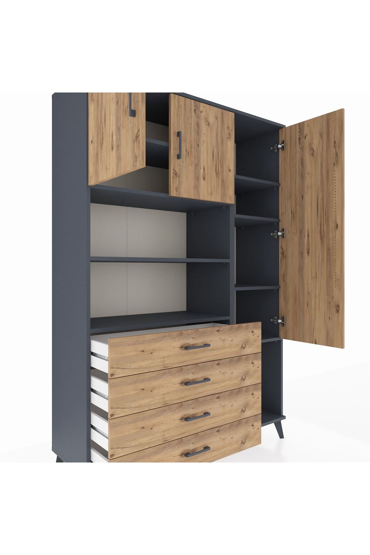 Hyperion Dolap 8 Raflı 4 Çekmeceli 3 Kapaklı 132x44x195 Antrasit-Çam/Çam