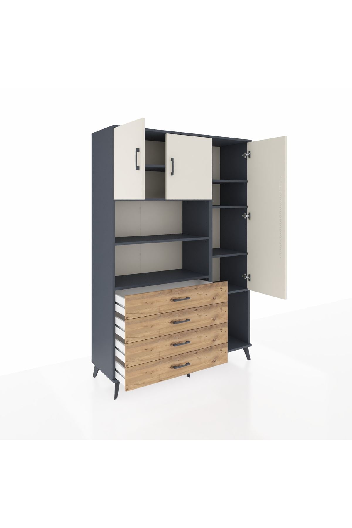 Hyperion Dolap 8 Raflı 4 Çekmeceli 3 Kapaklı 132x44x195 Antrasit-Aytaşı/Çam