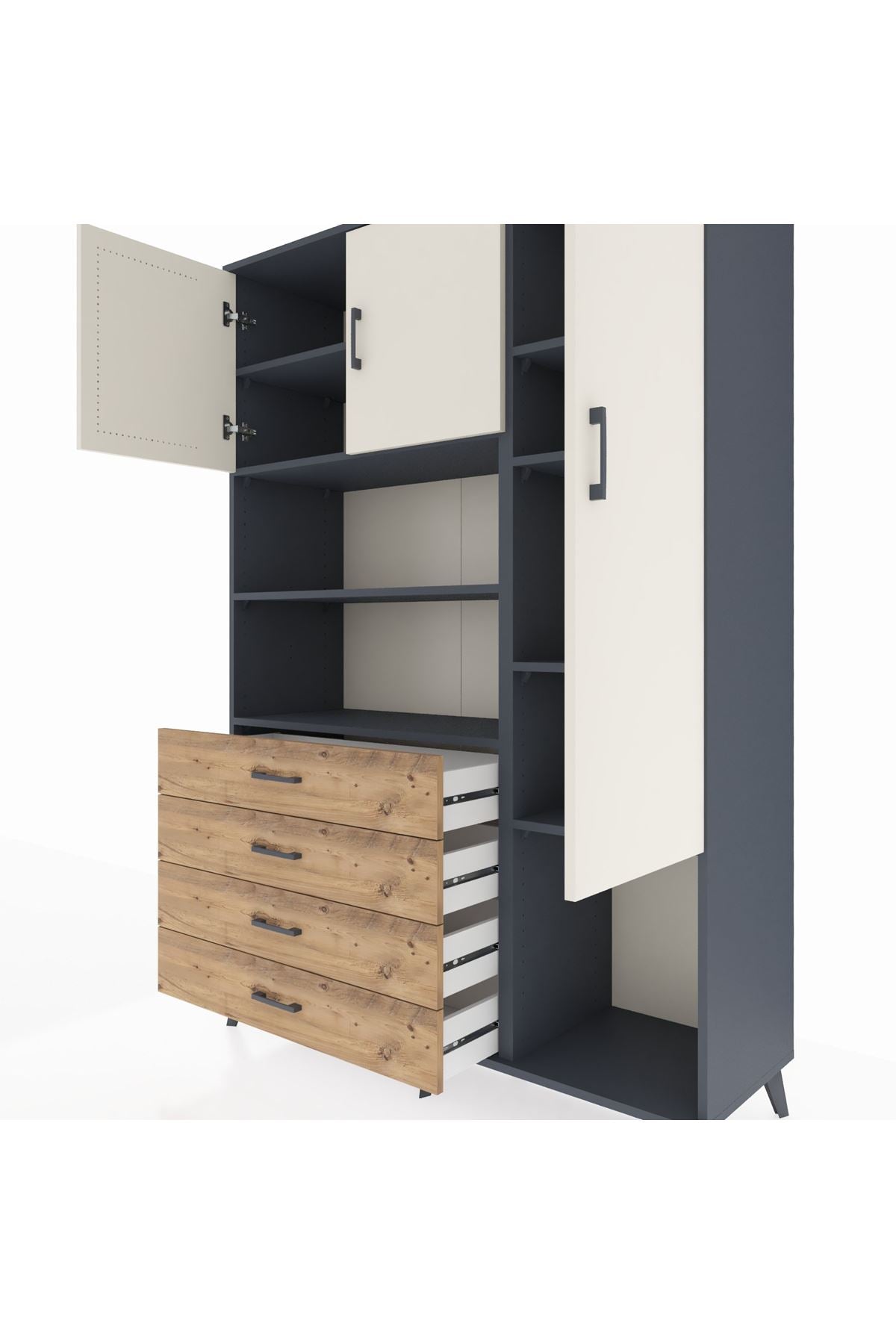 Hyperion Dolap 8 Raflı 4 Çekmeceli 3 Kapaklı 132x44x195 Antrasit-Aytaşı/Çam