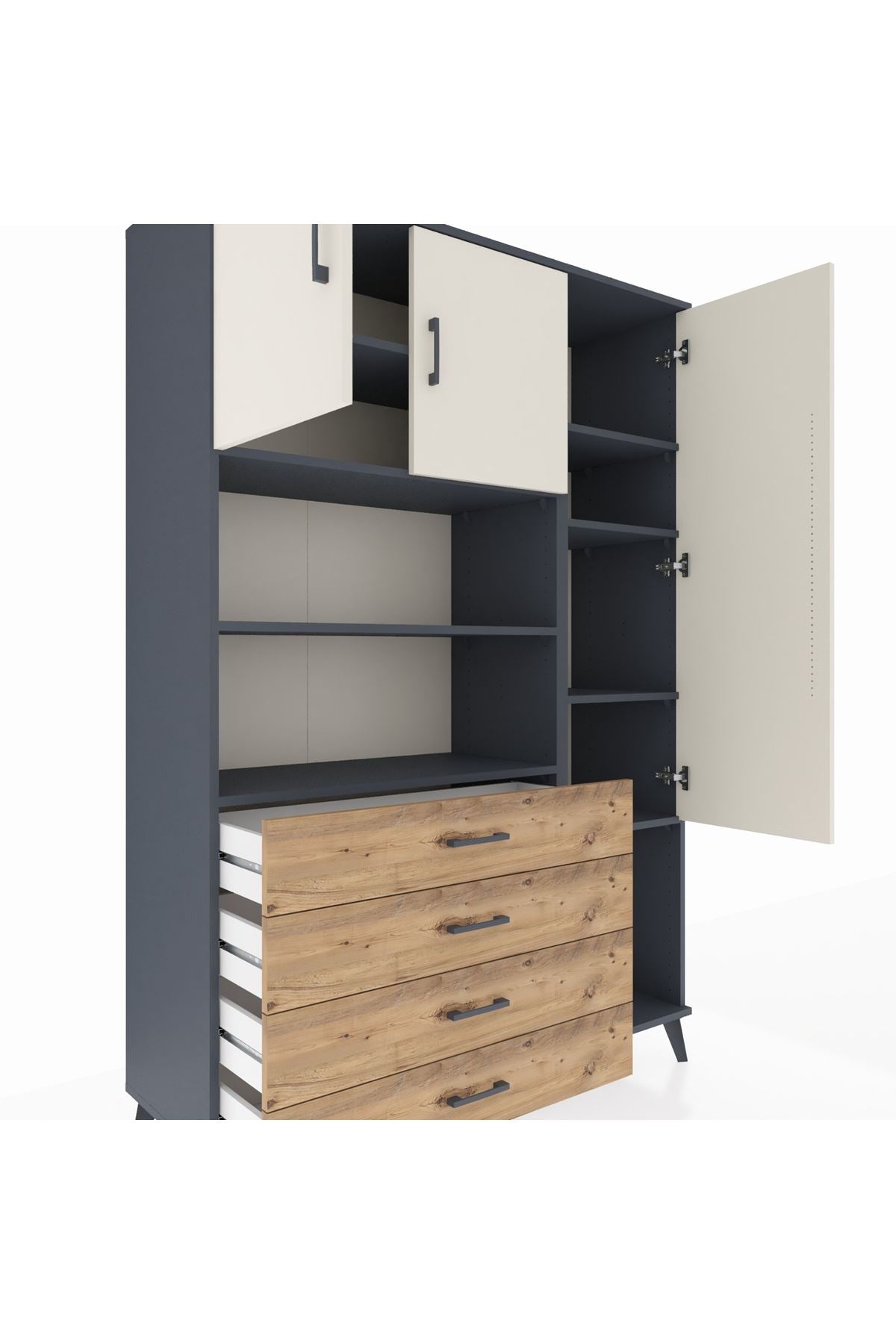 Hyperion Dolap 8 Raflı 4 Çekmeceli 3 Kapaklı 132x44x195 Antrasit-Aytaşı/Çam