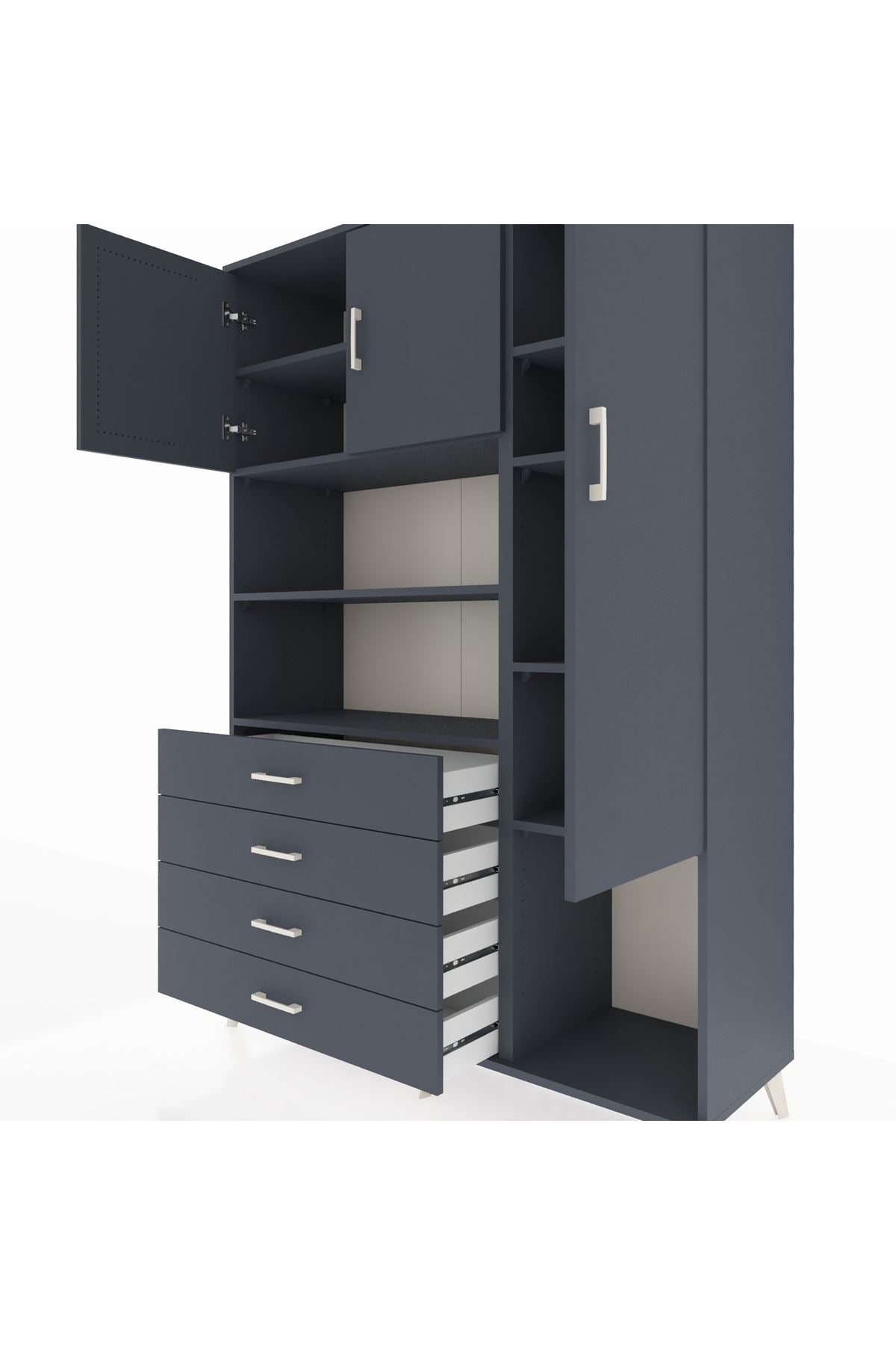 Hyperion Dolap 8 Raflı 4 Çekmeceli 3 Kapaklı 132x44x195 Antrasit-Antrasit/Antrasit