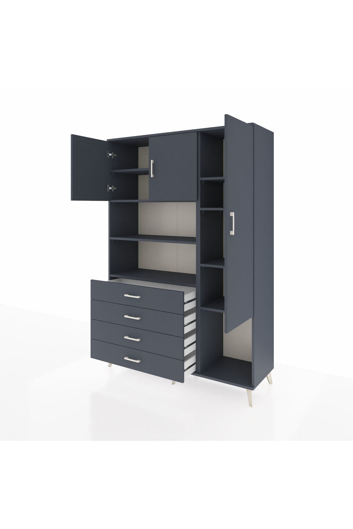 Hyperion Dolap 8 Raflı 4 Çekmeceli 3 Kapaklı 132x44x195 Antrasit-Antrasit/Antrasit