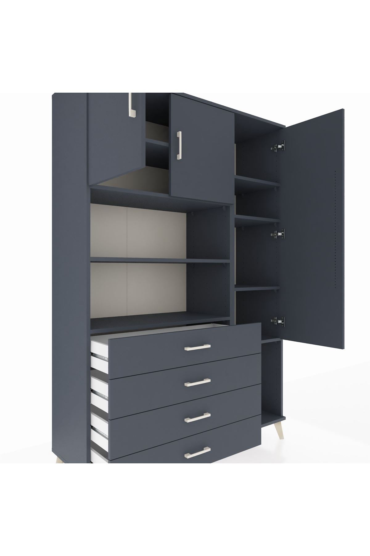 Hyperion Dolap 8 Raflı 4 Çekmeceli 3 Kapaklı 132x44x195 Antrasit-Antrasit/Antrasit