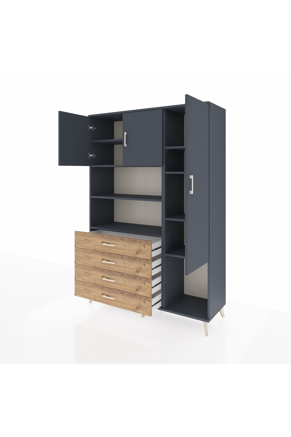 Hyperion Dolap 8 Raflı 4 Çekmeceli 3 Kapaklı 132x44x195 Antrasit-Antrasit/Çam