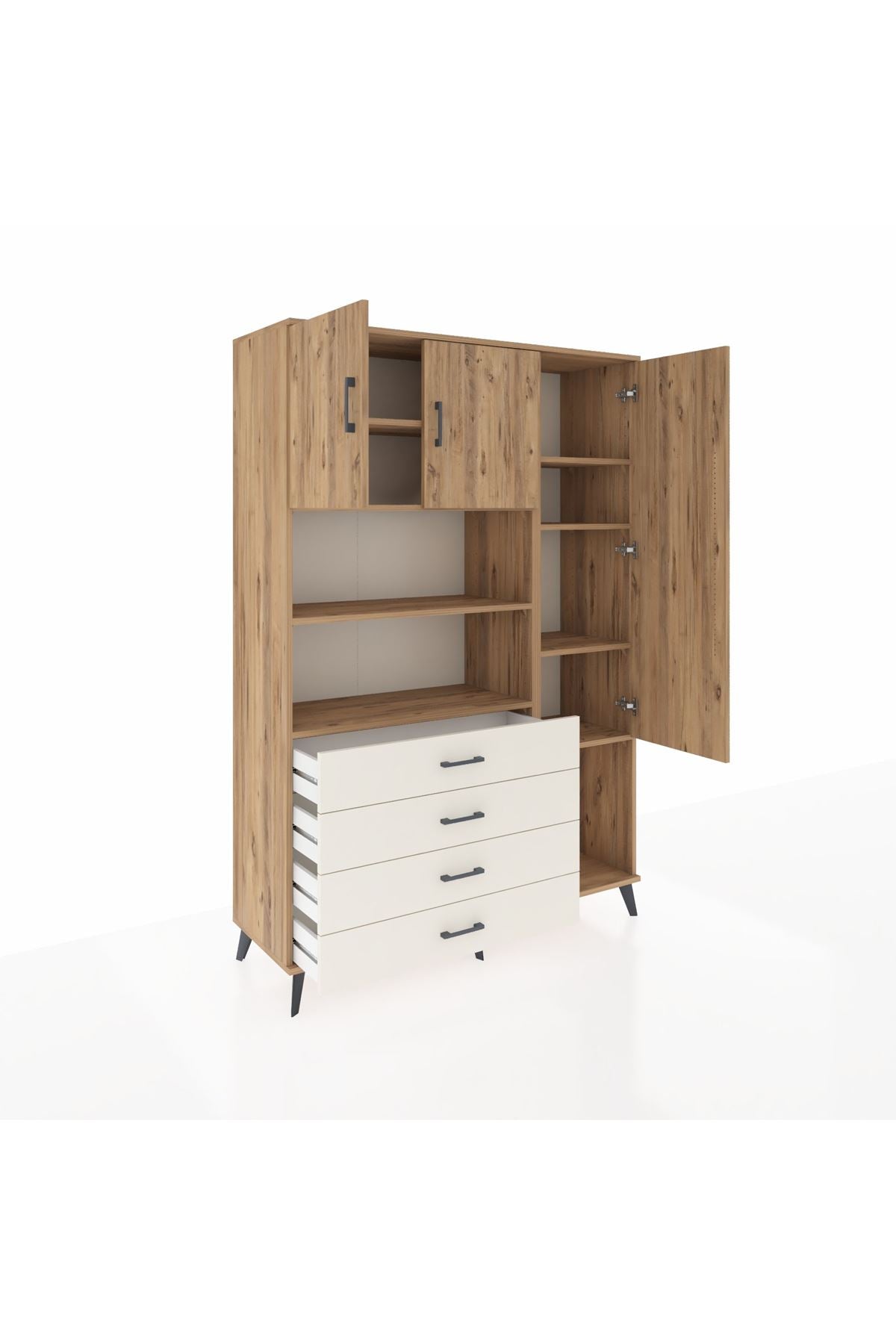 Hyperion Dolap 8 Raflı 4 Çekmeceli 3 Kapaklı 132x44x195 Çam-Çam/Aytaşı