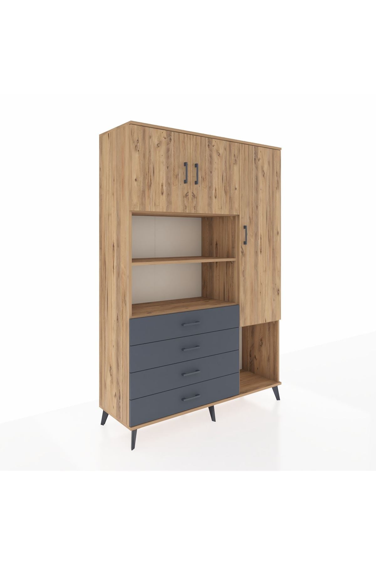 Hyperion Dolap 8 Raflı 4 Çekmeceli 3 Kapaklı 132x44x195 Çam-Çam/Antrasit