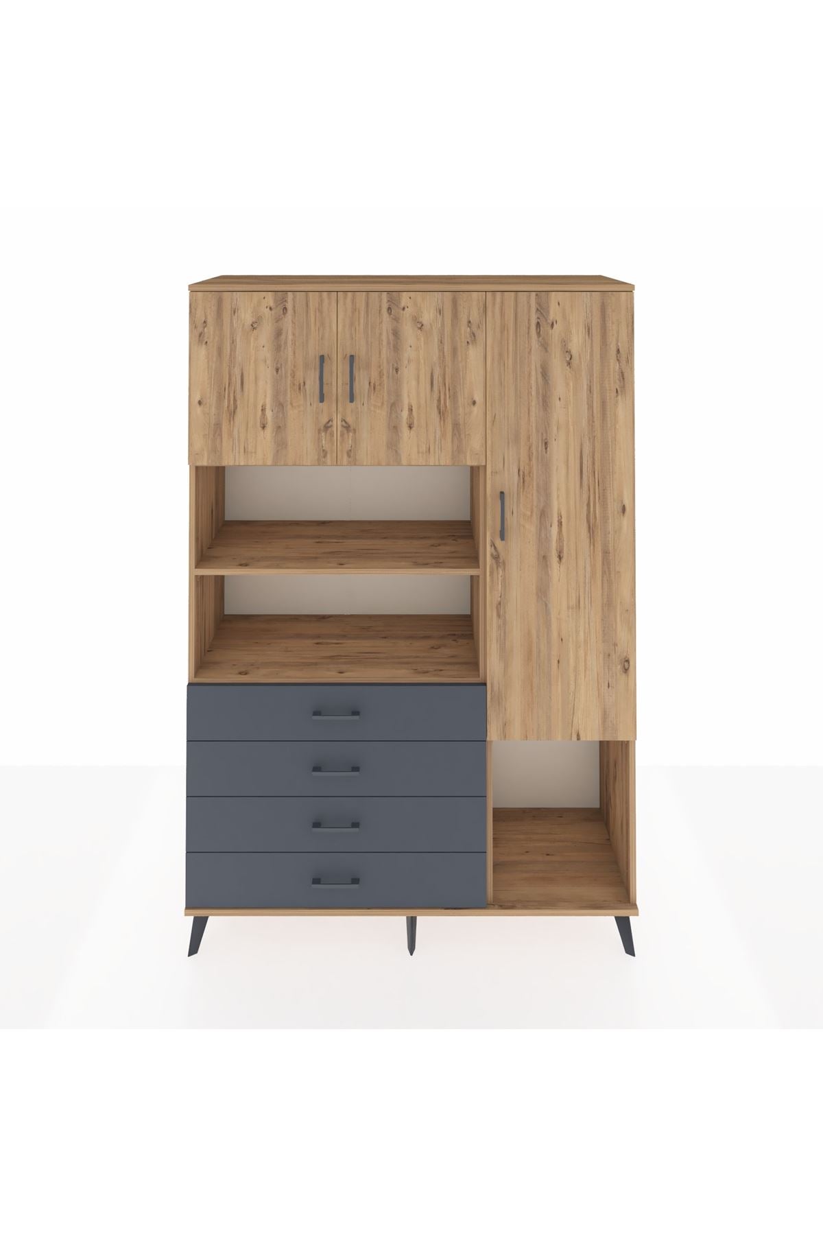 Hyperion Dolap 8 Raflı 4 Çekmeceli 3 Kapaklı 132x44x195 Çam-Çam/Antrasit