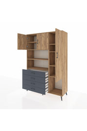 Hyperion Dolap 8 Raflı 4 Çekmeceli 3 Kapaklı 132x44x195 Çam-Çam/Antrasit