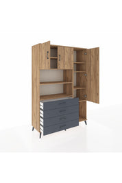 Hyperion Dolap 8 Raflı 4 Çekmeceli 3 Kapaklı 132x44x195 Çam-Çam/Antrasit