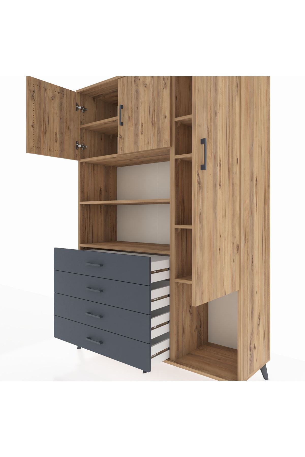 Hyperion Dolap 8 Raflı 4 Çekmeceli 3 Kapaklı 132x44x195 Çam-Çam/Antrasit