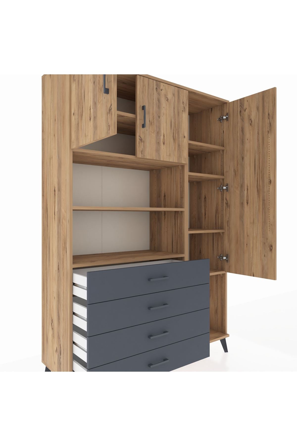 Hyperion Dolap 8 Raflı 4 Çekmeceli 3 Kapaklı 132x44x195 Çam-Çam/Antrasit