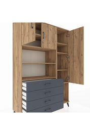 Hyperion Dolap 8 Raflı 4 Çekmeceli 3 Kapaklı 132x44x195 Çam-Çam/Antrasit