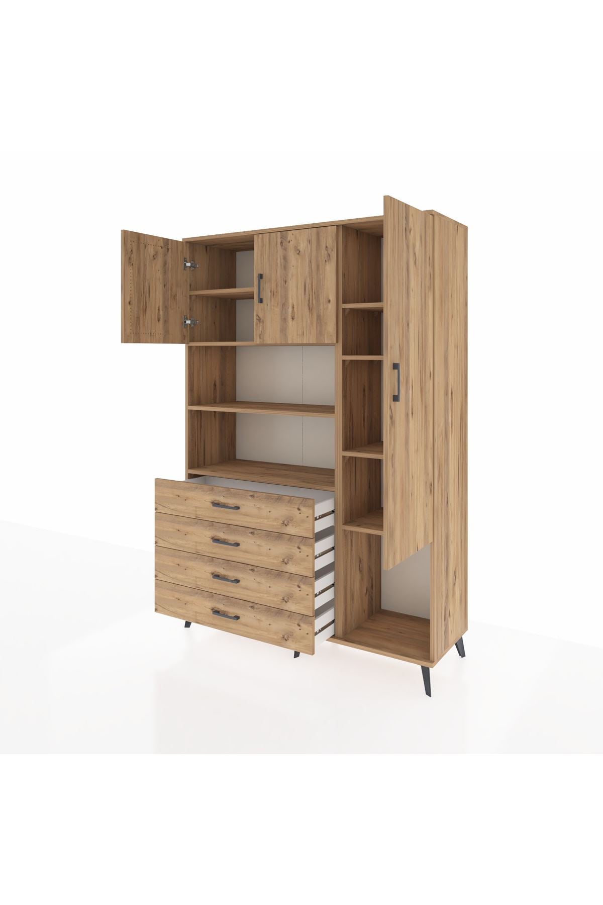 Hyperion Dolap 8 Raflı 4 Çekmeceli 3 Kapaklı 132x44x195 Çam-Çam/Çam