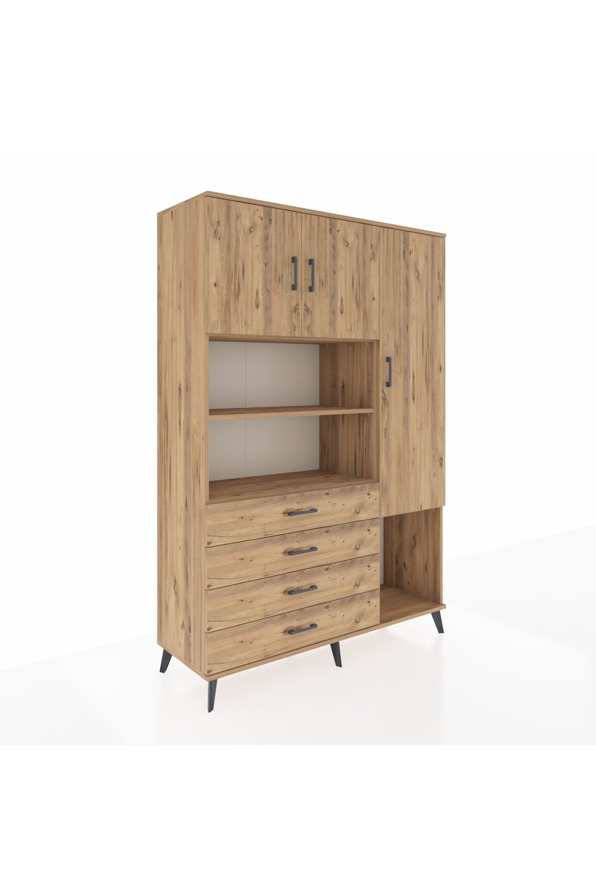 Hyperion Dolap 8 Raflı 4 Çekmeceli 3 Kapaklı 132x44x195 Çam-Çam/Çam