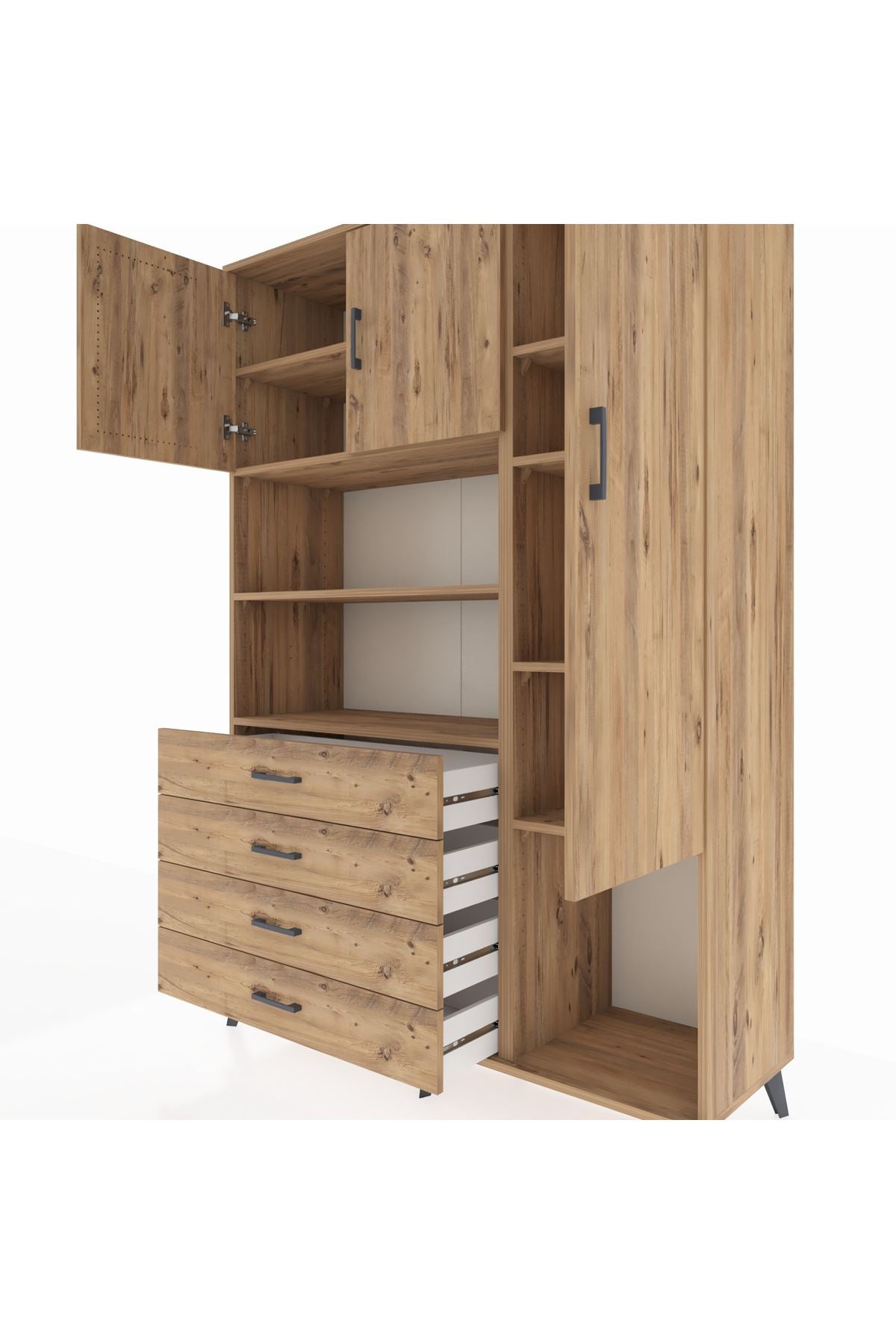 Hyperion Dolap 8 Raflı 4 Çekmeceli 3 Kapaklı 132x44x195 Çam-Çam/Çam