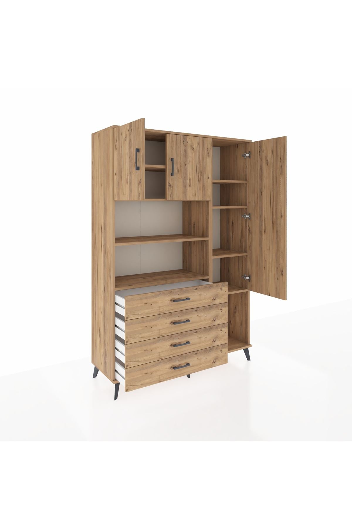 Hyperion Dolap 8 Raflı 4 Çekmeceli 3 Kapaklı 132x44x195 Çam-Çam/Çam