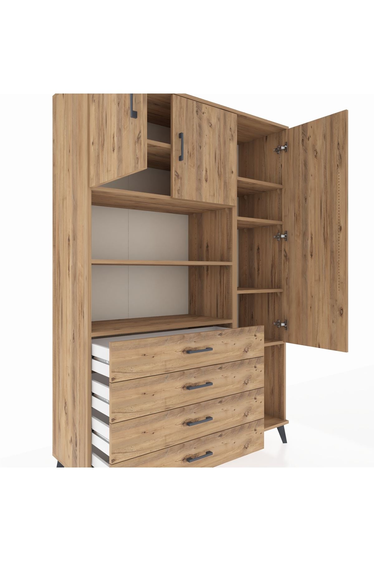 Hyperion Dolap 8 Raflı 4 Çekmeceli 3 Kapaklı 132x44x195 Çam-Çam/Çam