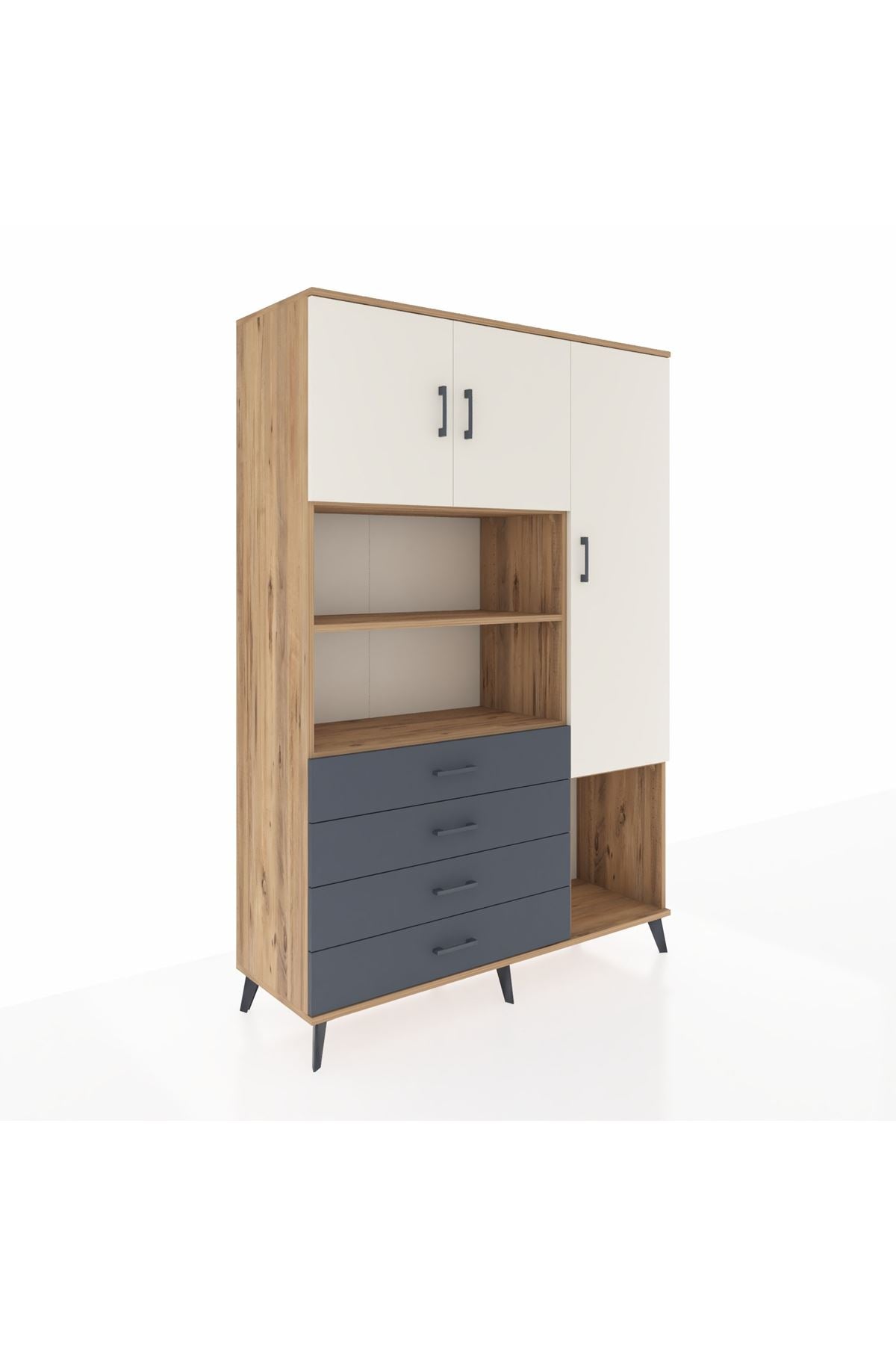Hyperion Dolap 8 Raflı 4 Çekmeceli 3 Kapaklı 132x44x195 Çam-Aytaşı/Antrasit