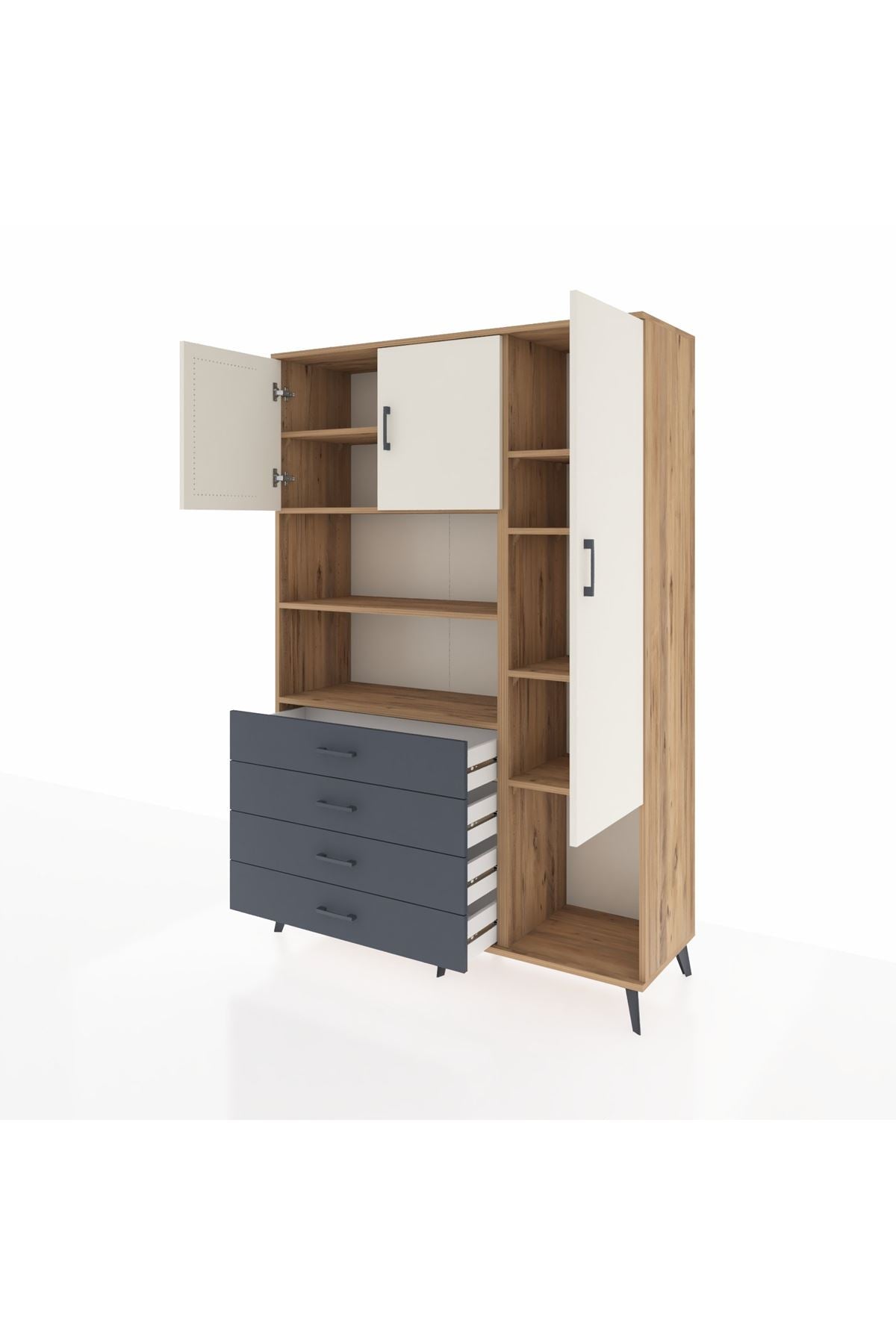 Hyperion Dolap 8 Raflı 4 Çekmeceli 3 Kapaklı 132x44x195 Çam-Aytaşı/Antrasit