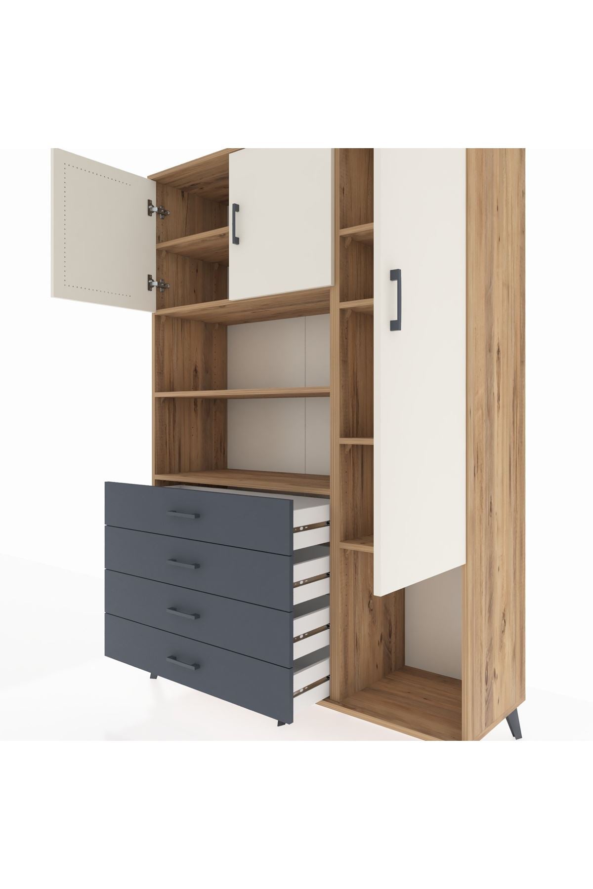 Hyperion Dolap 8 Raflı 4 Çekmeceli 3 Kapaklı 132x44x195 Çam-Aytaşı/Antrasit