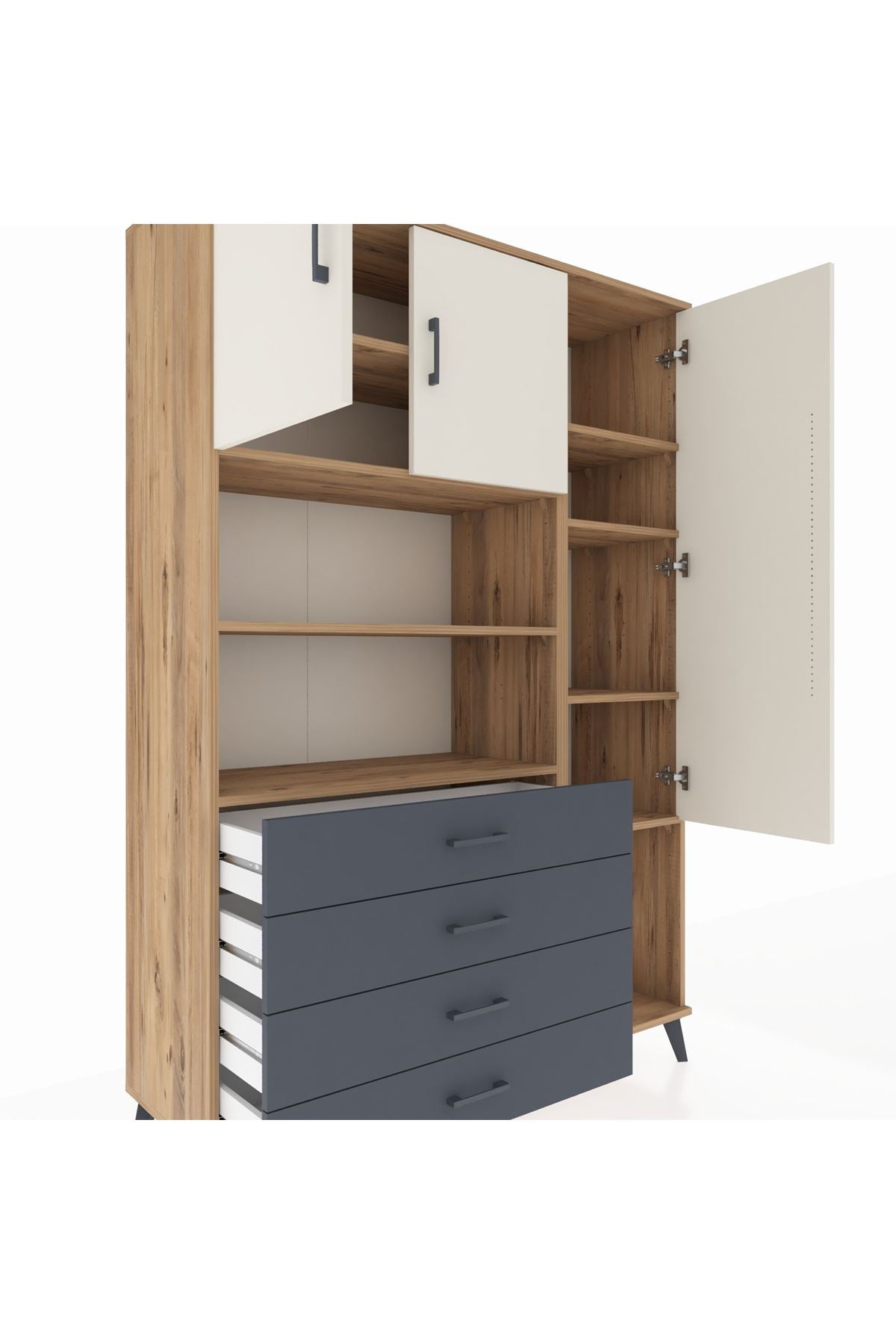 Hyperion Dolap 8 Raflı 4 Çekmeceli 3 Kapaklı 132x44x195 Çam-Aytaşı/Antrasit