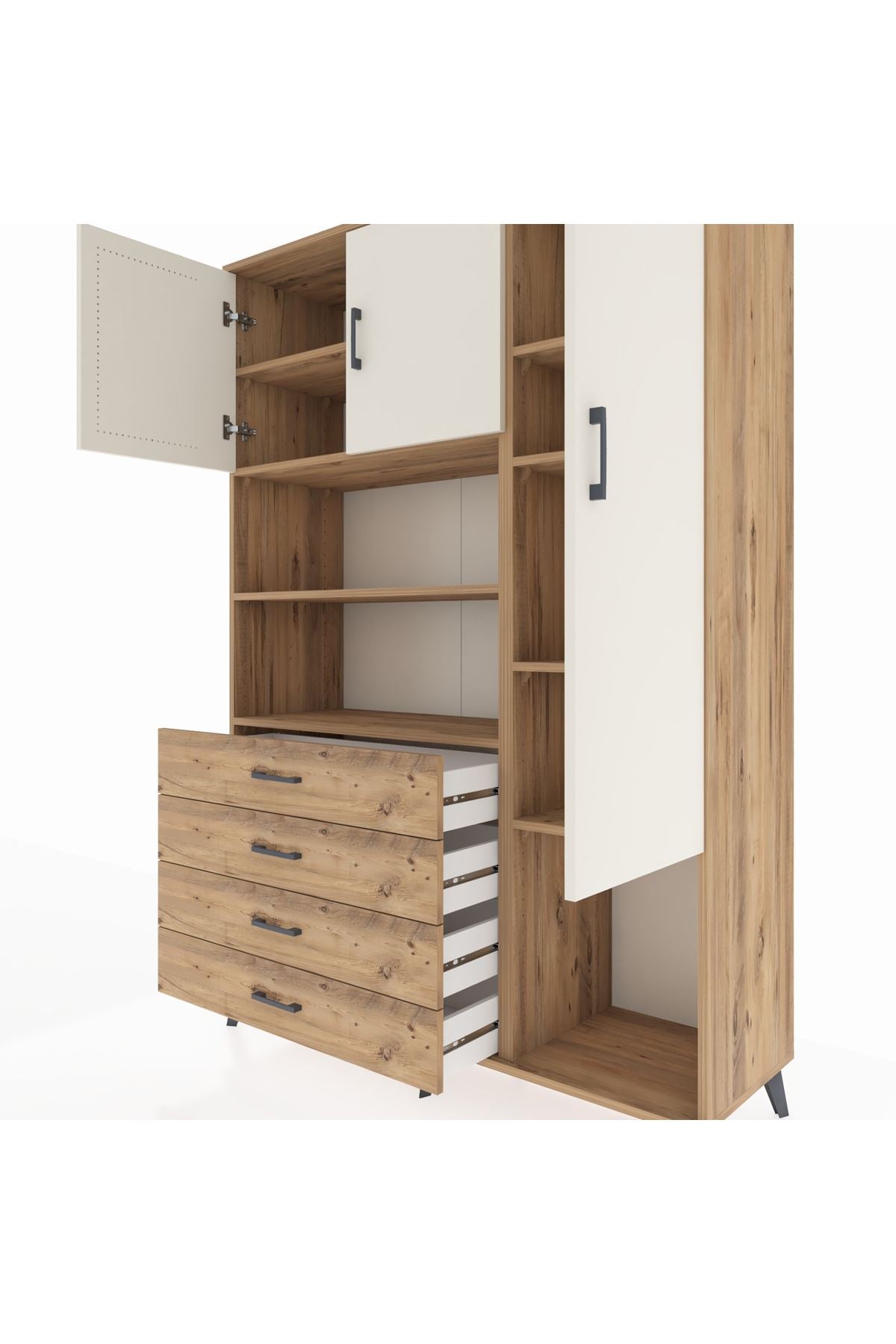 Hyperion Dolap 8 Raflı 4 Çekmeceli 3 Kapaklı 132x44x195 Çam-Aytaşı/Çam