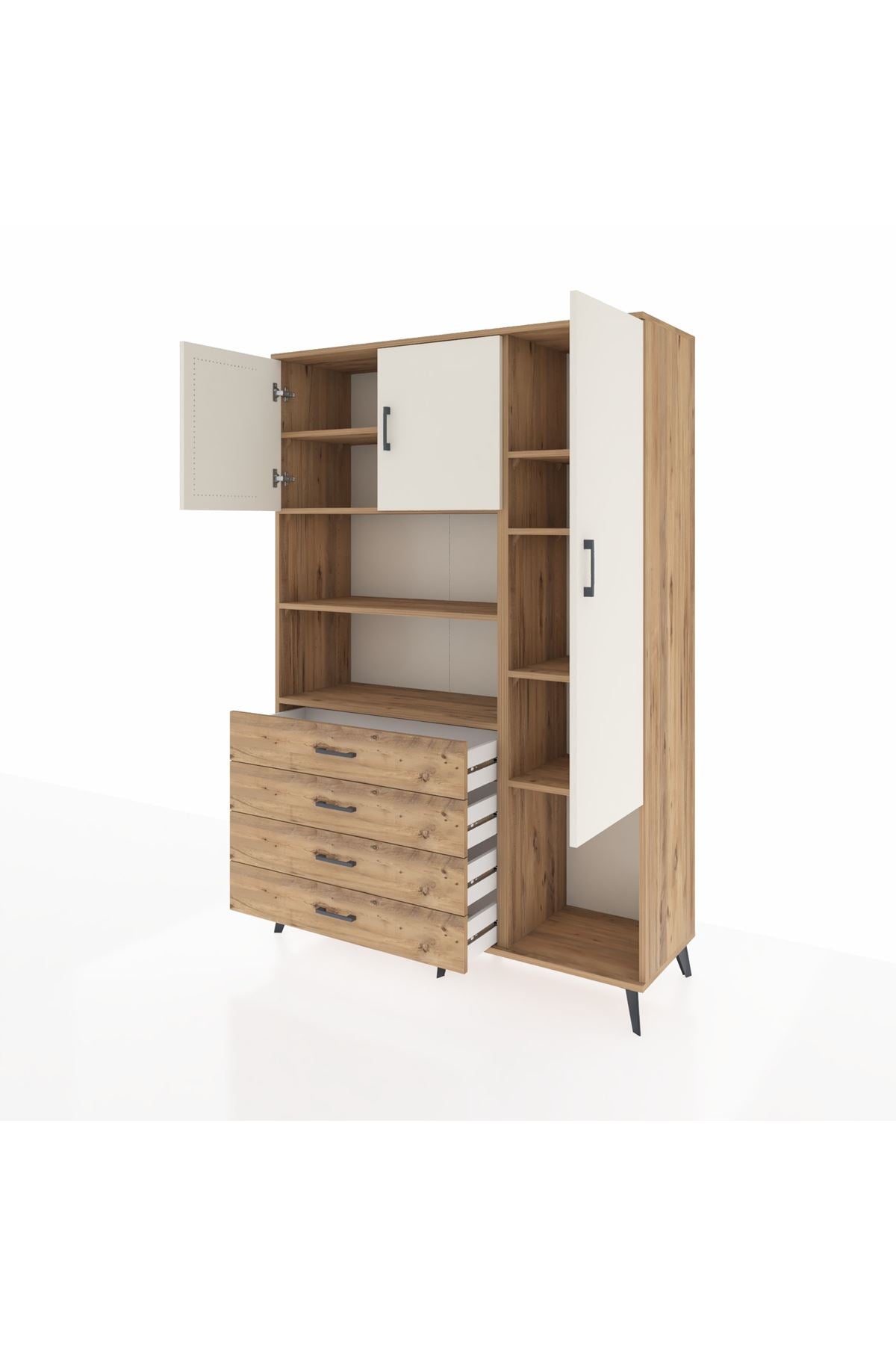 Hyperion Dolap 8 Raflı 4 Çekmeceli 3 Kapaklı 132x44x195 Çam-Aytaşı/Çam