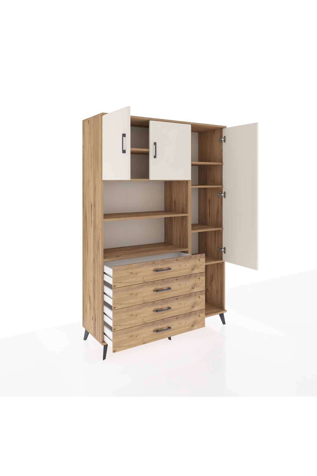 Hyperion Dolap 8 Raflı 4 Çekmeceli 3 Kapaklı 132x44x195 Çam-Aytaşı/Çam
