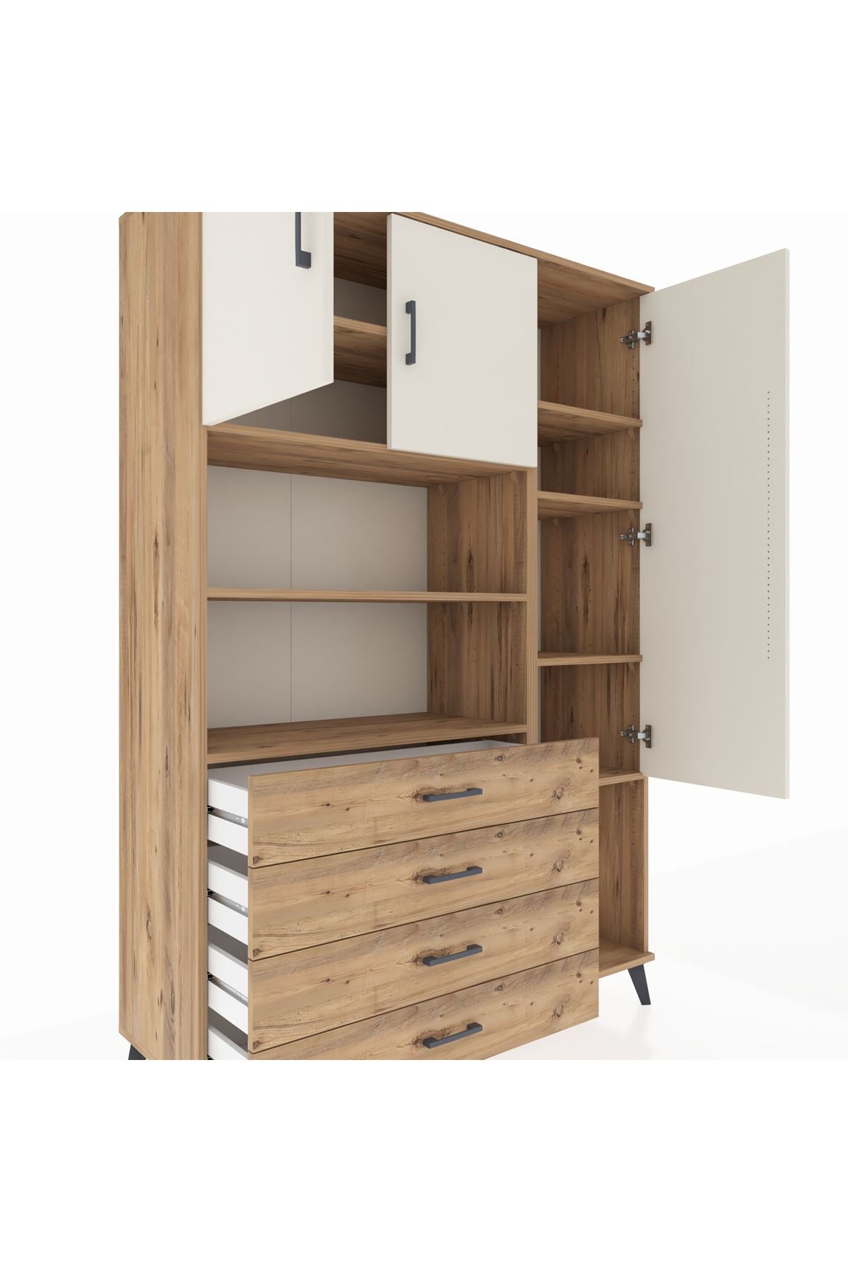 Hyperion Dolap 8 Raflı 4 Çekmeceli 3 Kapaklı 132x44x195 Çam-Aytaşı/Çam