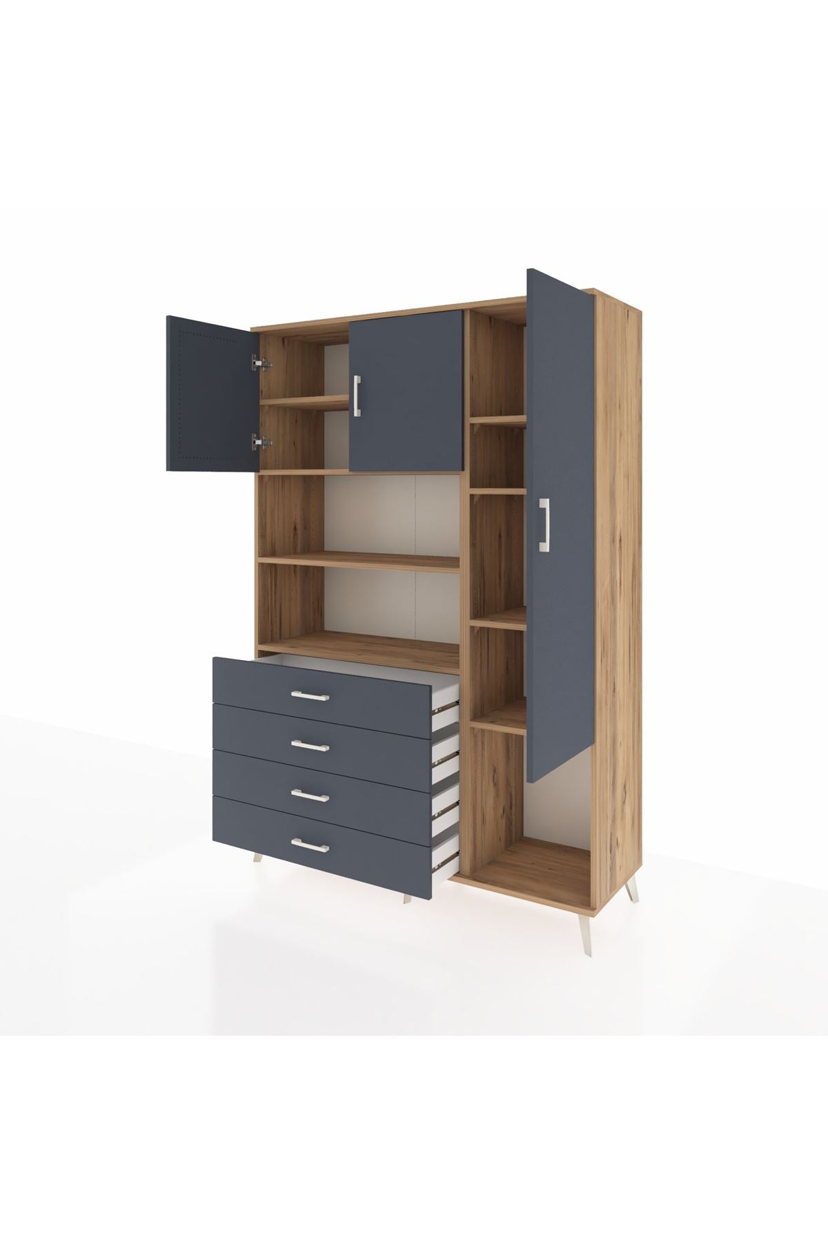 Hyperion Dolap 8 Raflı 4 Çekmeceli 3 Kapaklı 132x44x195 Çam-Antrasit/Antrasit