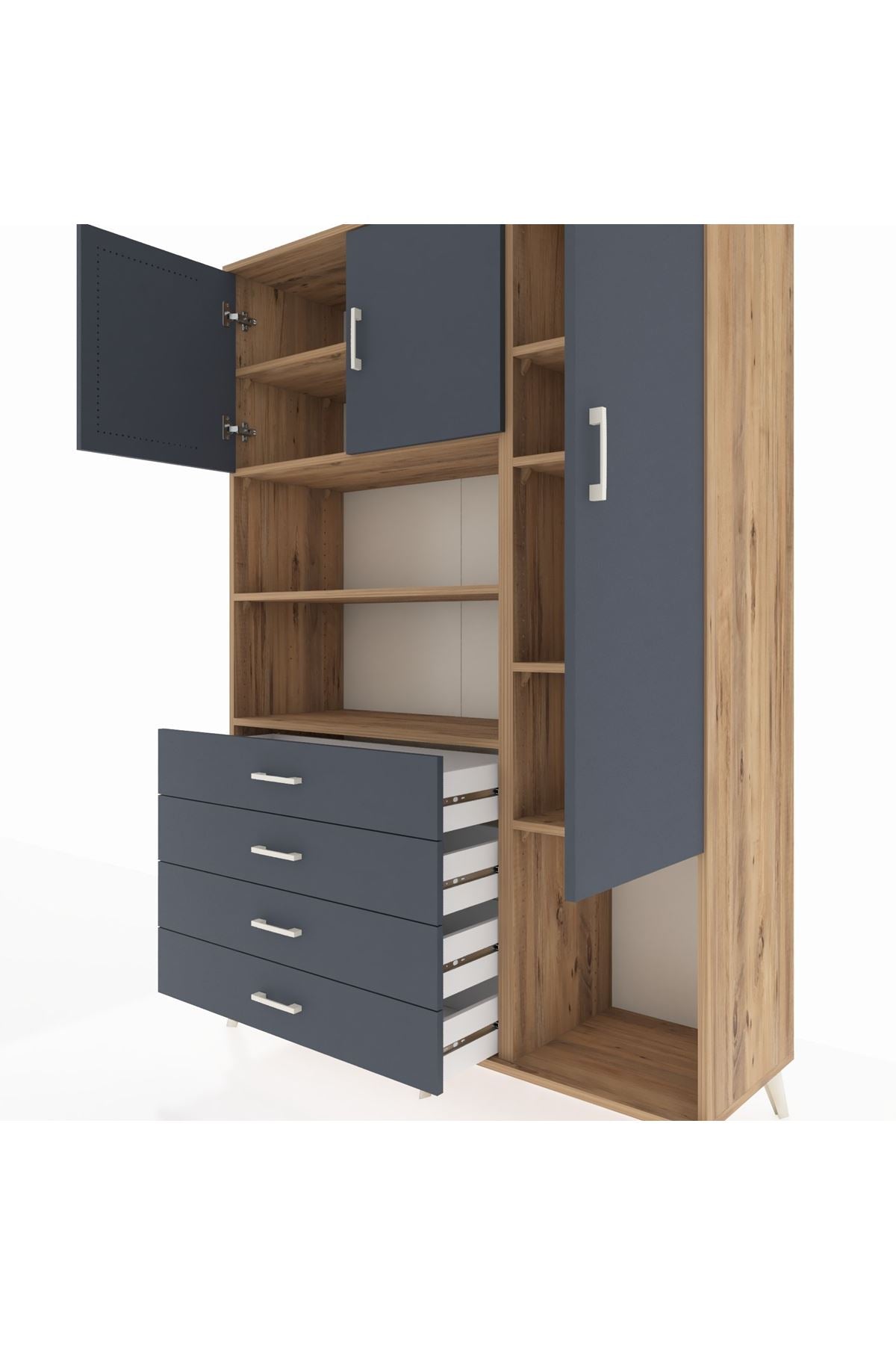 Hyperion Dolap 8 Raflı 4 Çekmeceli 3 Kapaklı 132x44x195 Çam-Antrasit/Antrasit