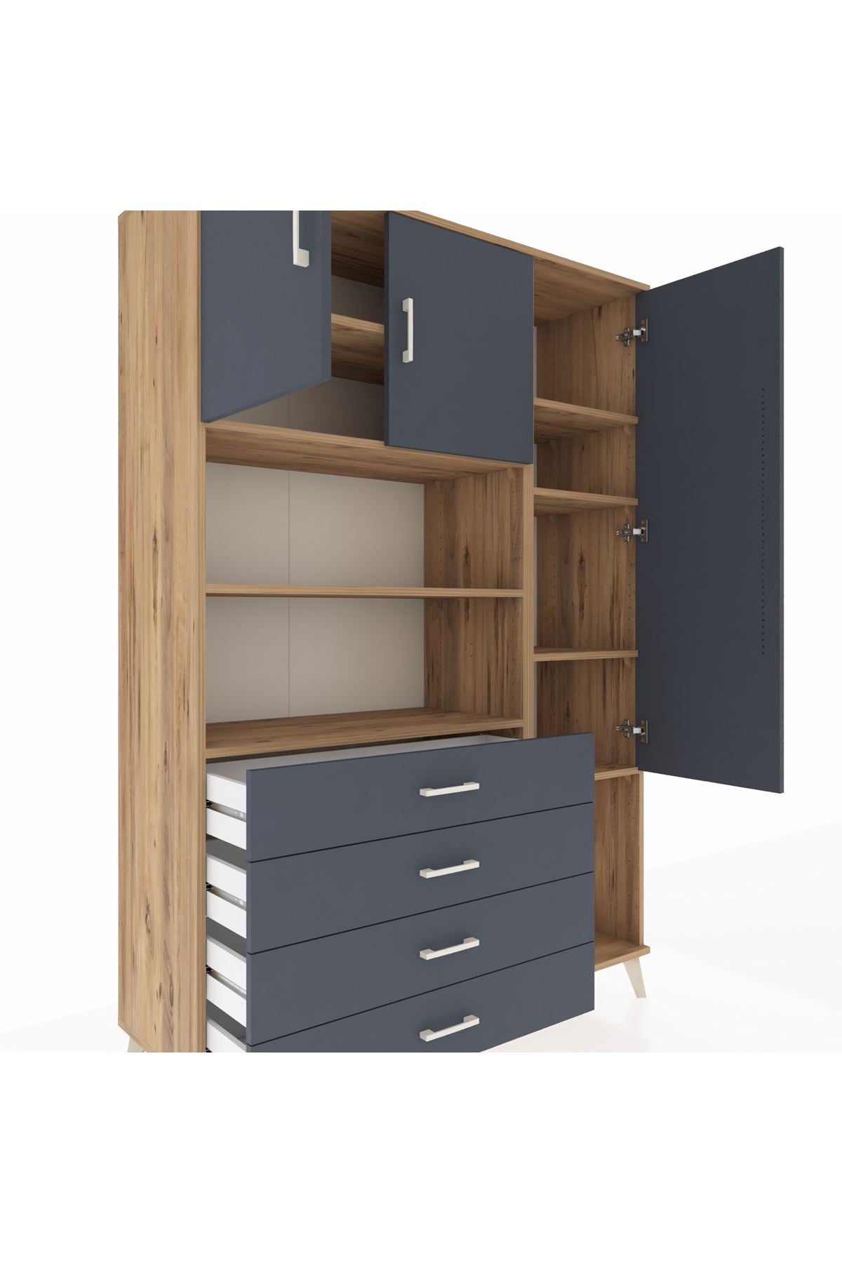 Hyperion Dolap 8 Raflı 4 Çekmeceli 3 Kapaklı 132x44x195 Çam-Antrasit/Antrasit