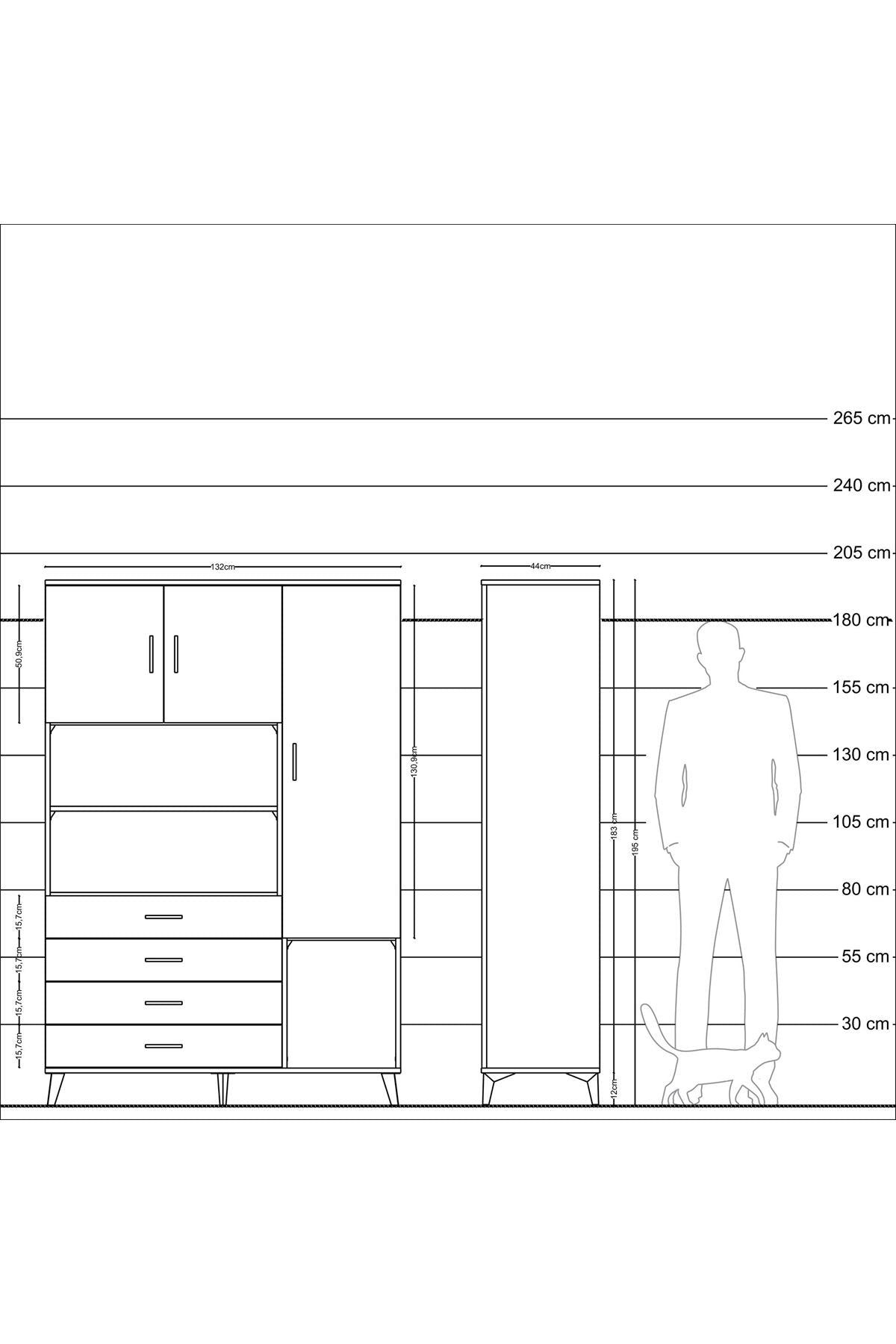 Hyperion Dolap 8 Raflı 4 Çekmeceli 3 Kapaklı 132x44x195 Çam-Antrasit/Antrasit