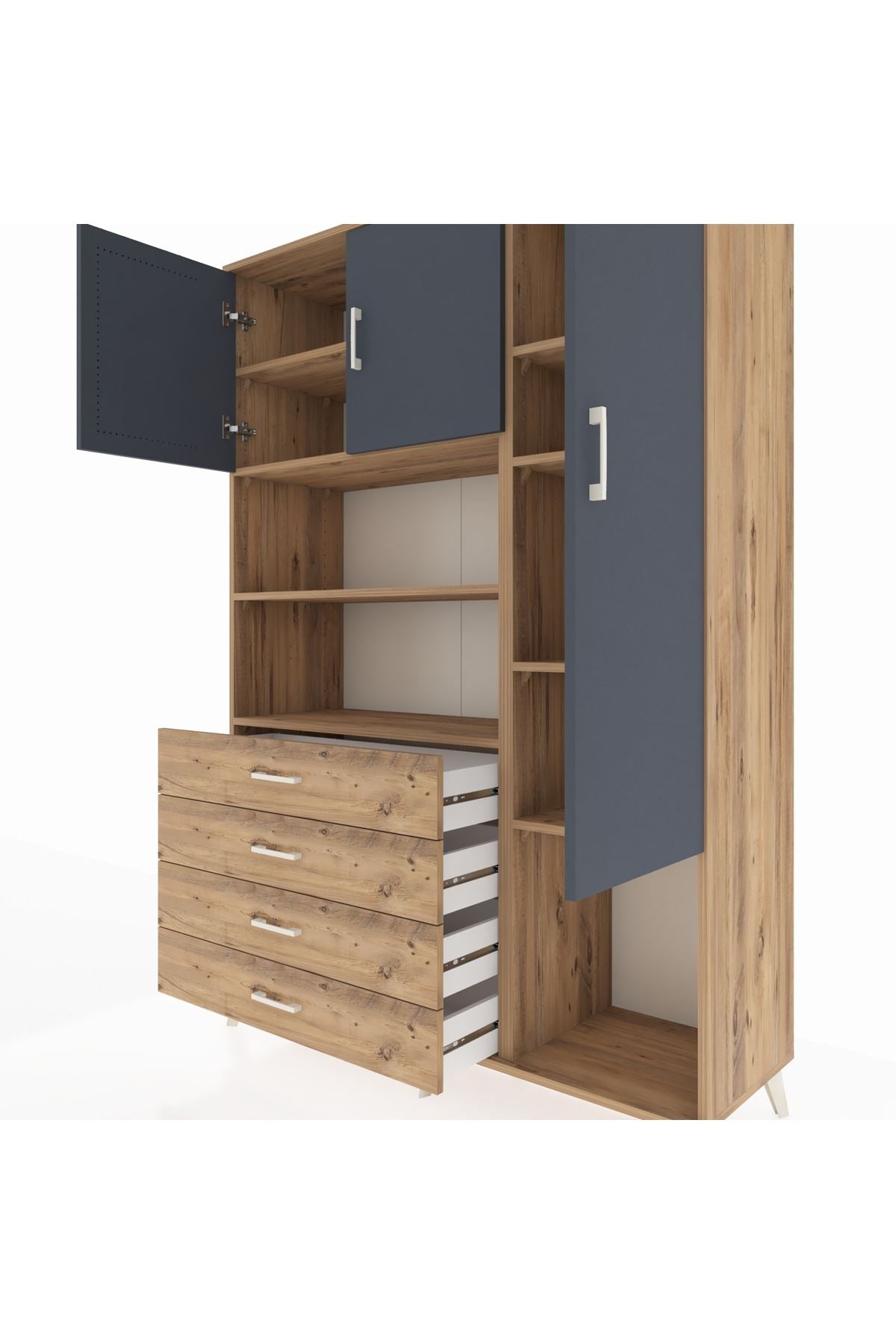 Hyperion Dolap 8 Raflı 4 Çekmeceli 3 Kapaklı 132x44x195 Çam-Antrasit/Çam