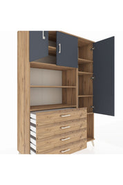 Hyperion Dolap 8 Raflı 4 Çekmeceli 3 Kapaklı 132x44x195 Çam-Antrasit/Çam