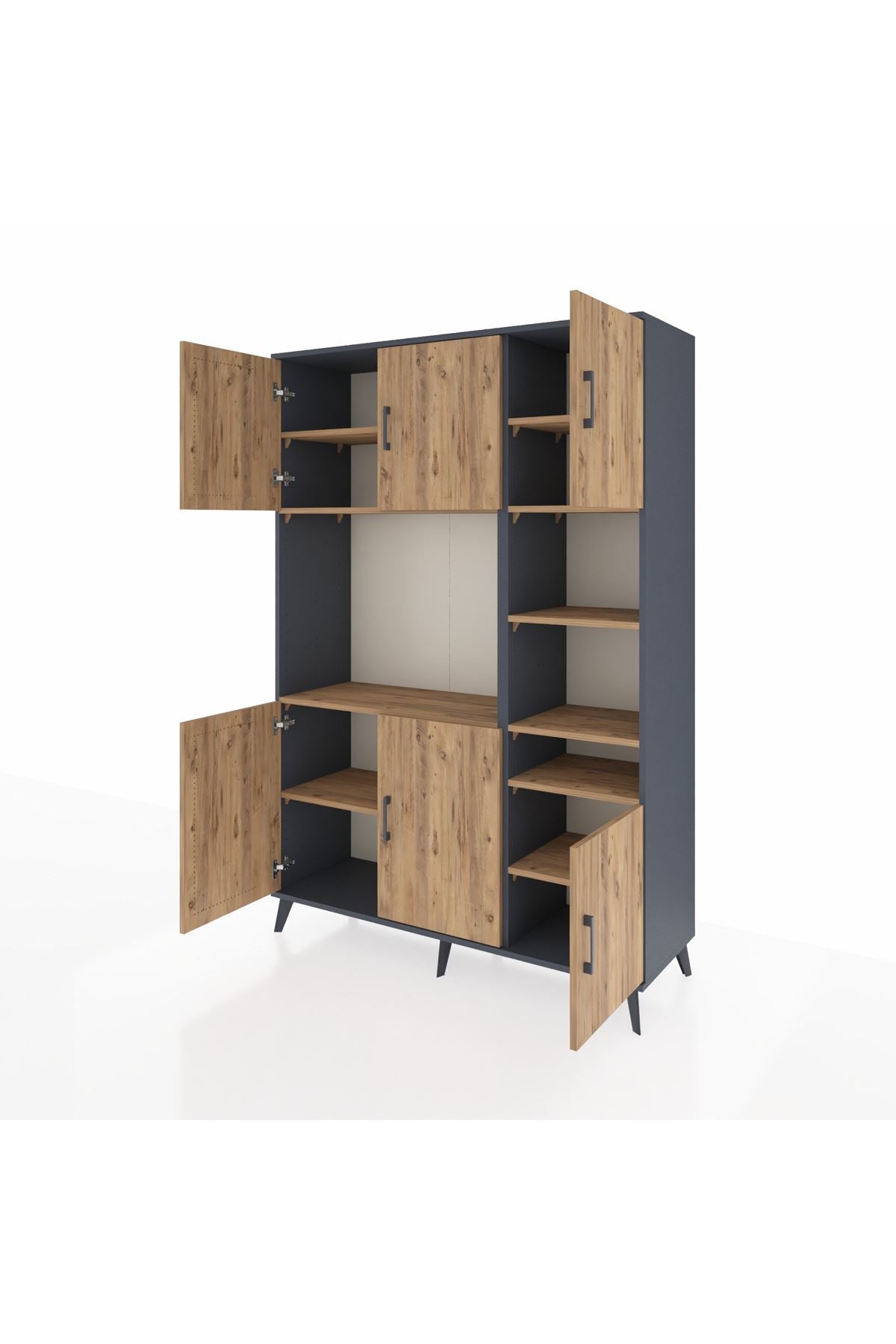 Hyperion Dolap 10 Raflı 6 Kapaklı 132x44x195 Antrasit-Çam/Çam