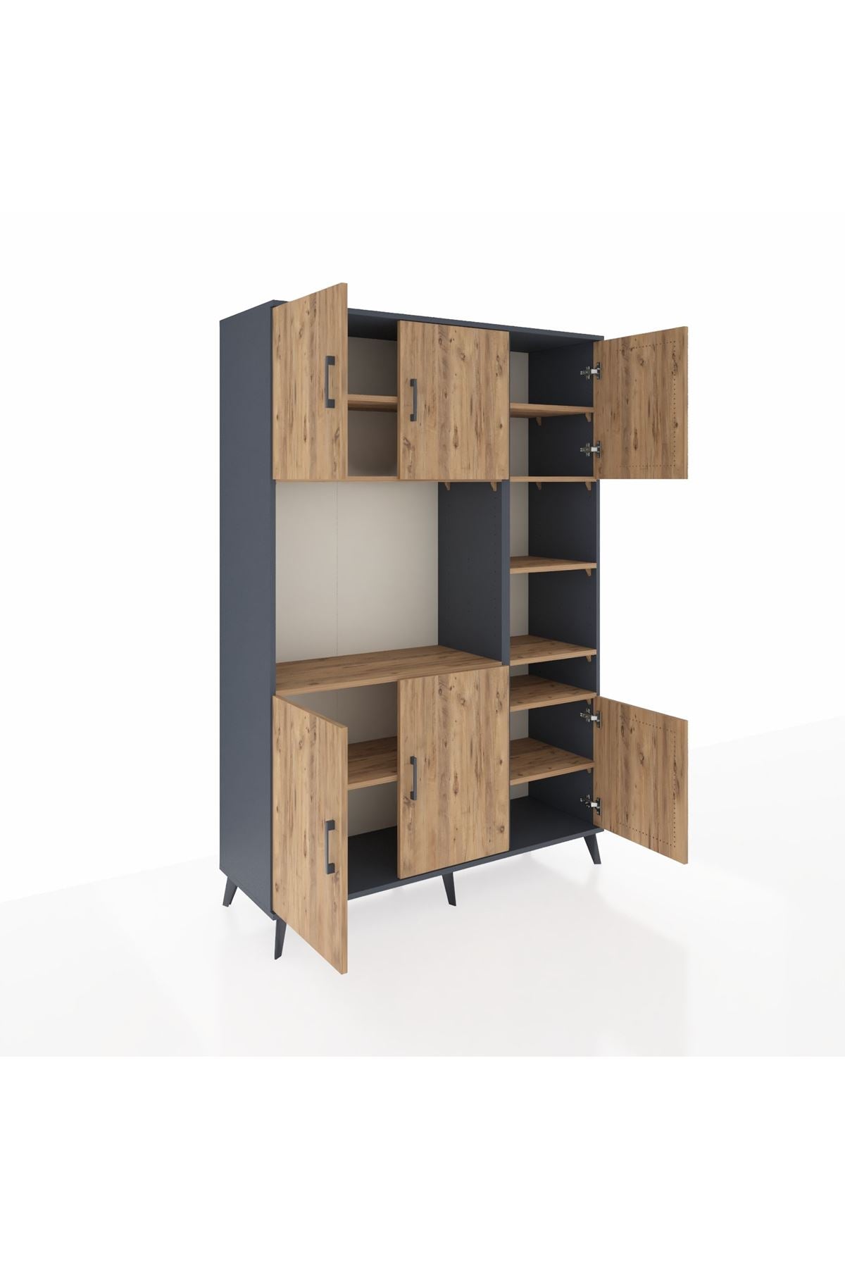 Hyperion Dolap 10 Raflı 6 Kapaklı 132x44x195 Antrasit-Çam/Çam