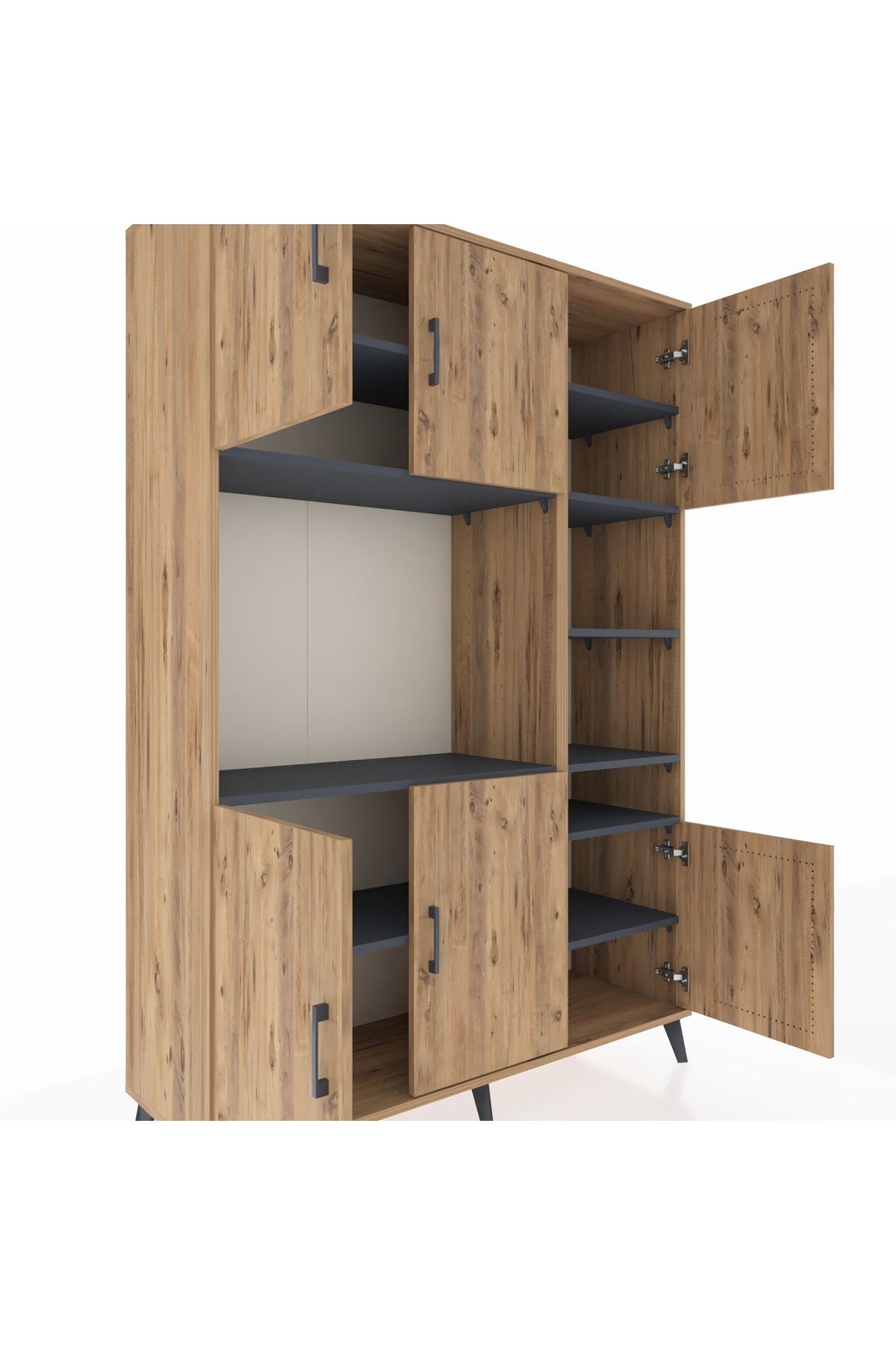 Hyperion Dolap 10 Raflı 6 Kapaklı 132x44x195 Çam-Çam/Antrasit