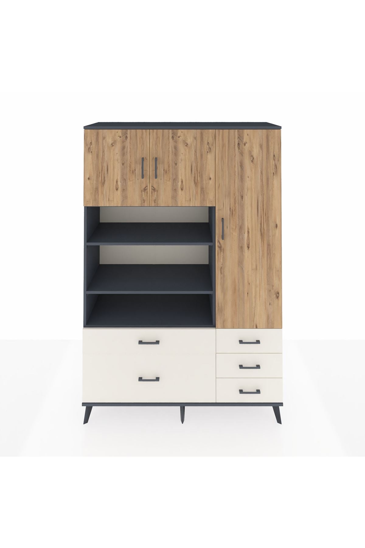 Hyperion Dolap 9 Raflı 5 Çekmeceli 3 Kapaklı 132x44x195 Antrasit-Çam/Aytaşı