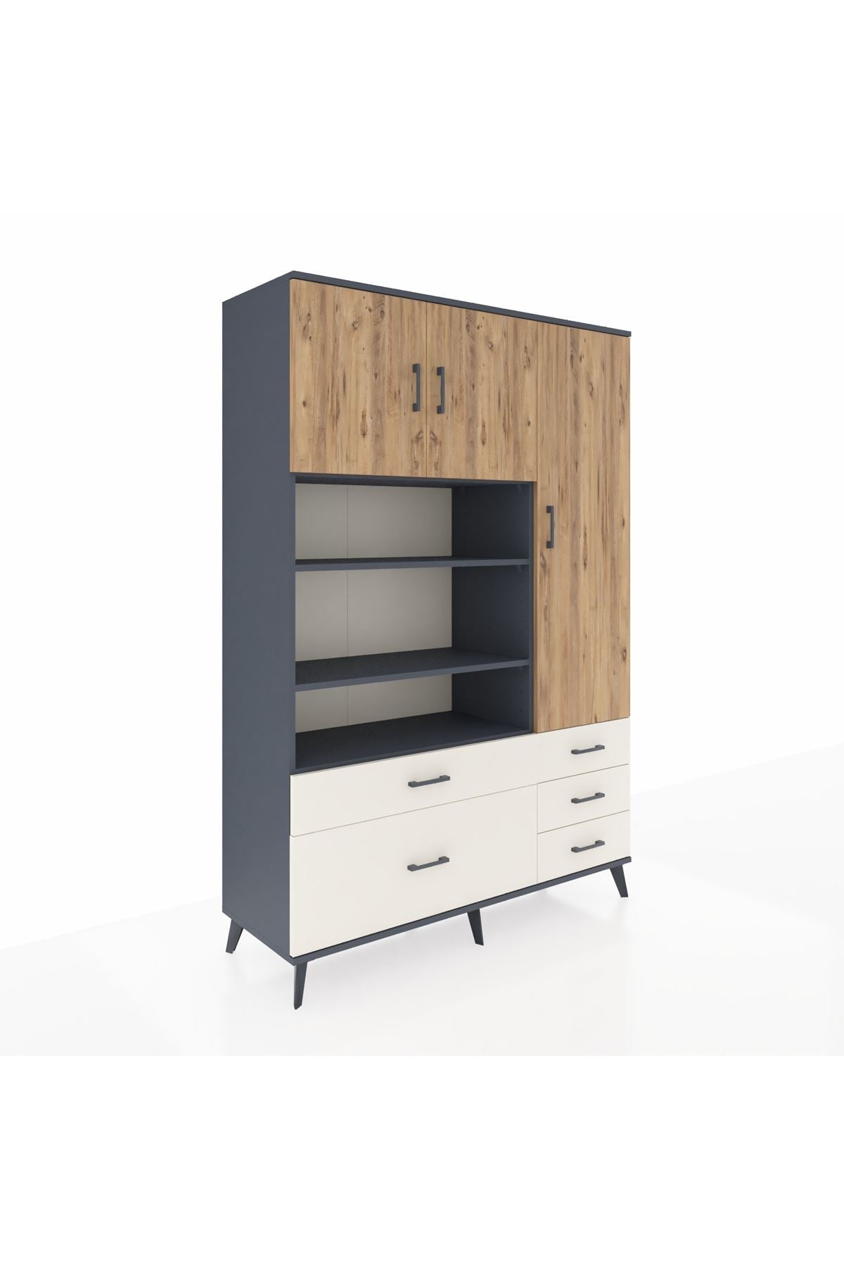Hyperion Dolap 9 Raflı 5 Çekmeceli 3 Kapaklı 132x44x195 Antrasit-Çam/Aytaşı