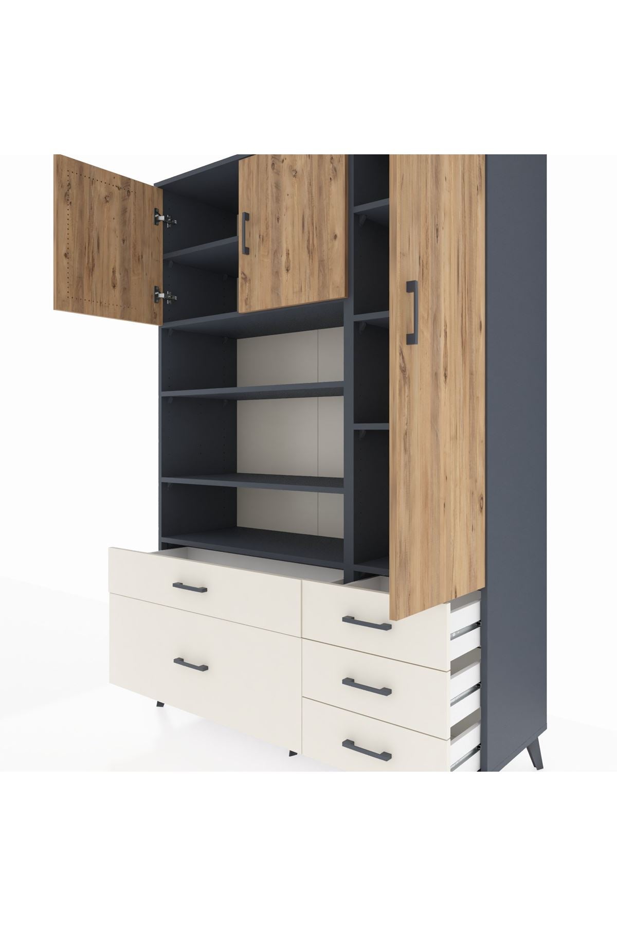 Hyperion Dolap 9 Raflı 5 Çekmeceli 3 Kapaklı 132x44x195 Antrasit-Çam/Aytaşı