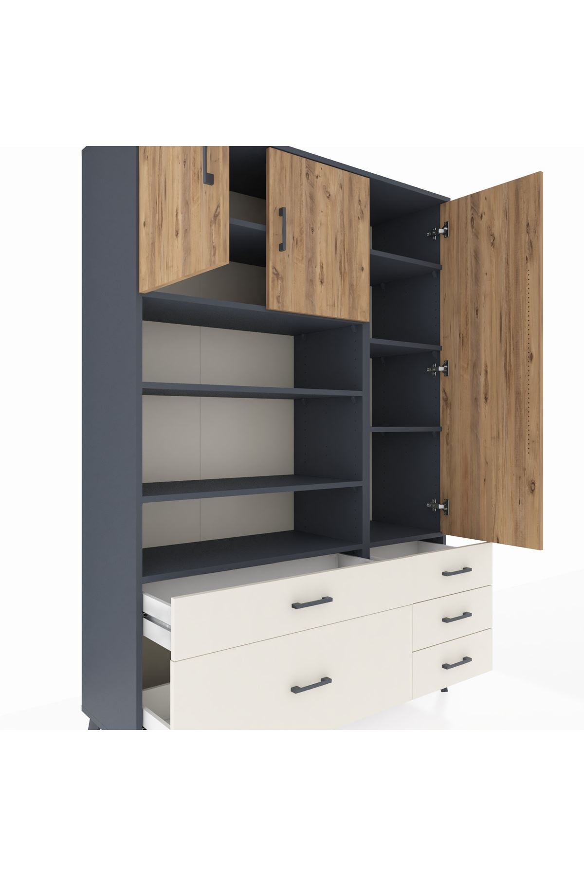 Hyperion Dolap 9 Raflı 5 Çekmeceli 3 Kapaklı 132x44x195 Antrasit-Çam/Aytaşı
