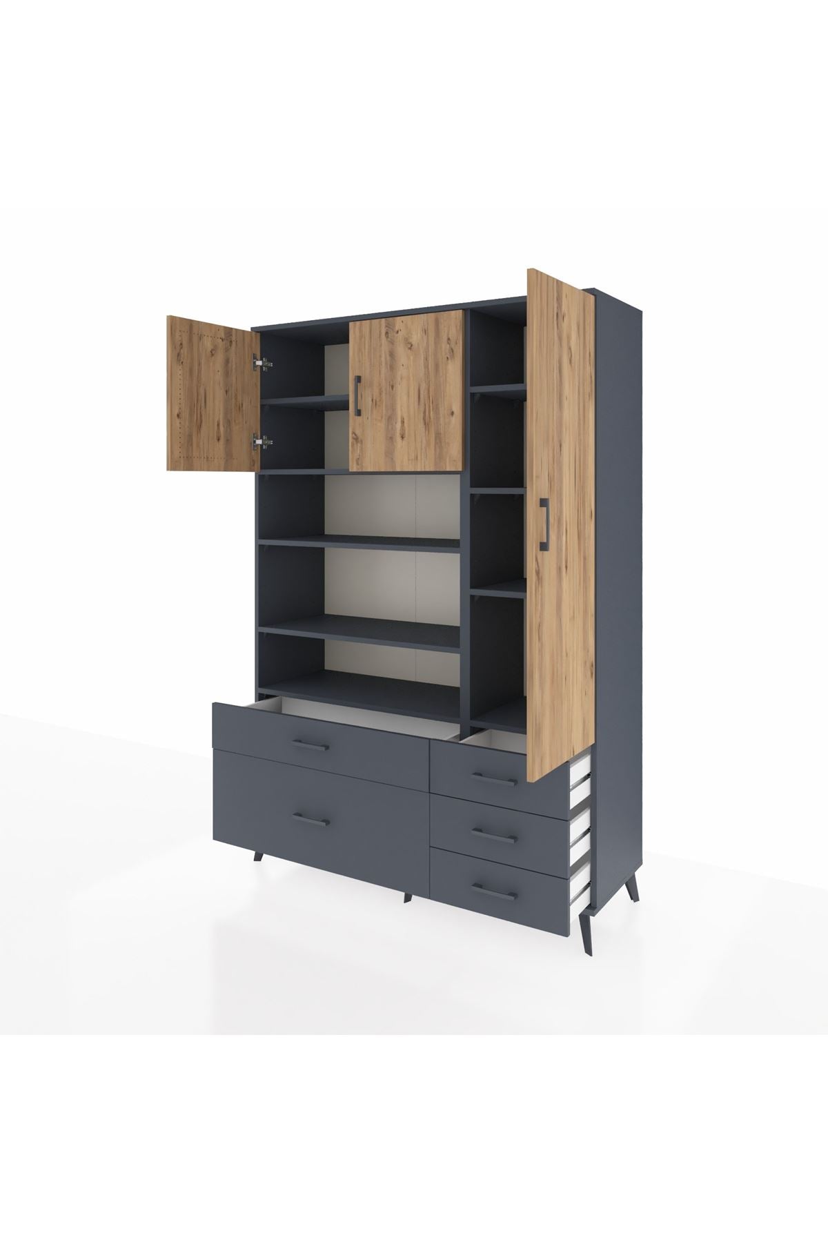 Hyperion Dolap 9 Raflı 5 Çekmeceli 3 Kapaklı 132x44x195 Antrasit-Çam/Antrasit