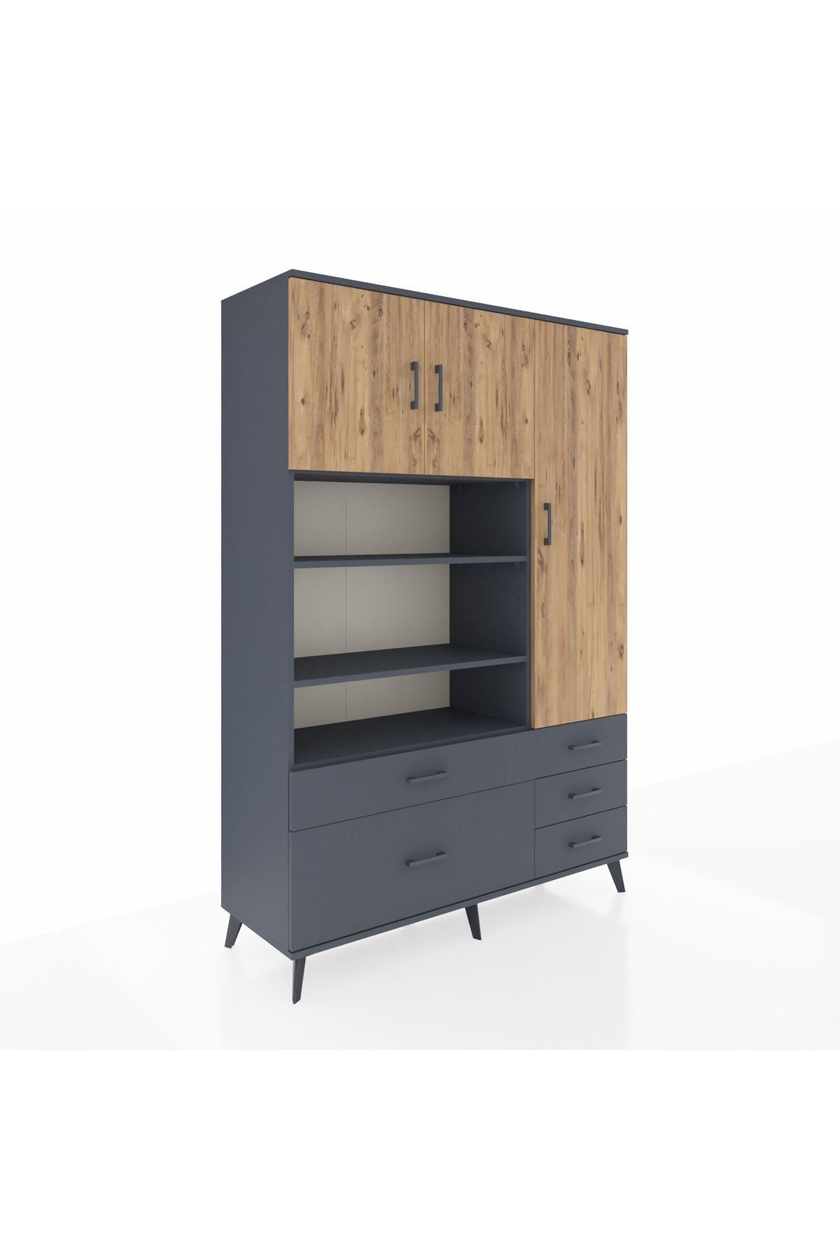 Hyperion Dolap 9 Raflı 5 Çekmeceli 3 Kapaklı 132x44x195 Antrasit-Çam/Antrasit